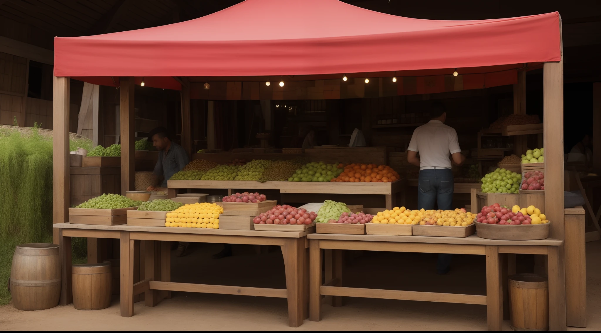 There is a wooden stand with a table with food, Stand colorido do mercado, Tema Velho Oeste, estande de frutas coloridas, Tema Cowboy, vendedor de salsa, Rustic, Farmer's Market Scenario, market setting, Fantastic seller interior, barraca de comida, by Almeida Júnior, bancas de mercado, argila, Directed by: Anna Katharina Block, by Almada Negreiros