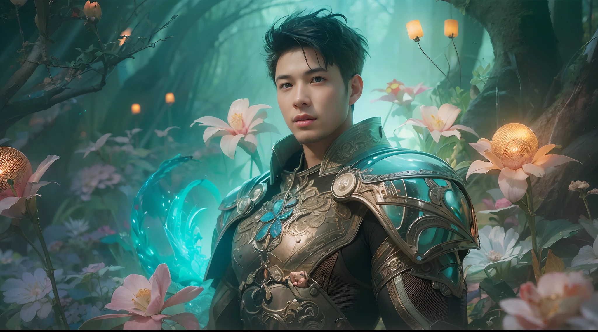 1boy, photo of very very handsome suave smiling young 25-year-old male Chinese prince, clothed in futuristic cybernetic armor, wearing a large futuristic crown, walking in an ethereal enchanted forest with neon glowing flowers and a rainbow in the sky, sci-fi, intricate, neon light, ((perfect face)), ((perfect hands)), ((perfect body)), ((correct anatomy)), ((ultra-realistic)), ((8k, UHD)), highly detailed, digital painting, artstation, concept art, human anatomy, soft light, smooth, illustration, art by tian zi and craig mullins and WLOP and alphonse mucha