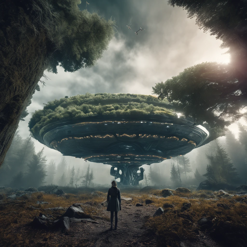 A girlis, who stands in the middle of a forest and is kidnapped by a gigantic alien in the sky, (UFO), Interstellarer Hyperrealismus, Holosomnia, Affinity-Foto, von Fjodor Wassiljew, Anamorphotische Flares, Abduction, Baumstadt, Leuchtender Himmel, Entdecker, Dreamscape Architekt, Fremde Landschaft, Hirngespinst, Der Hobbit-Stil, Landschaft, traumhaft, Draufsicht, Landschaft, Science-Fiction, Epische Komposition, futuristisch, von Ridley Scott, Hyperrealistisch, aus einer anderen Welt, Von Abigail Larson, von Hubert Robert, von Chesley Bonestell
