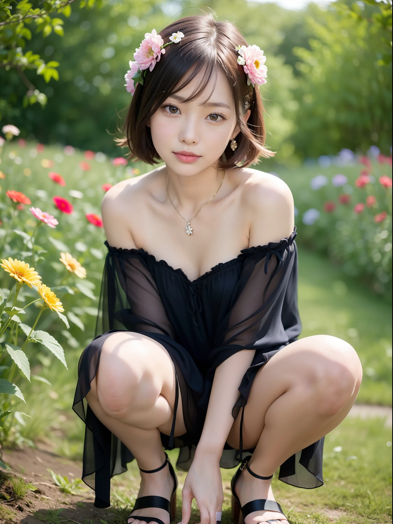 ((of the highest quality, 8K, masutepiece: 1.3, Raw photo)), Sharp Focus: 1.2, (1 AESPA Girl :1.1), Solo, (Realistic, Photorealistic: 1.37), (Face Focus: 1.1), Cute face, hyperdetailed face, short messy hair, Small Smile, slender, (Off-the-shoulder chiffon dress: 1.2), squatting spread legs, garden, flower, dahlia