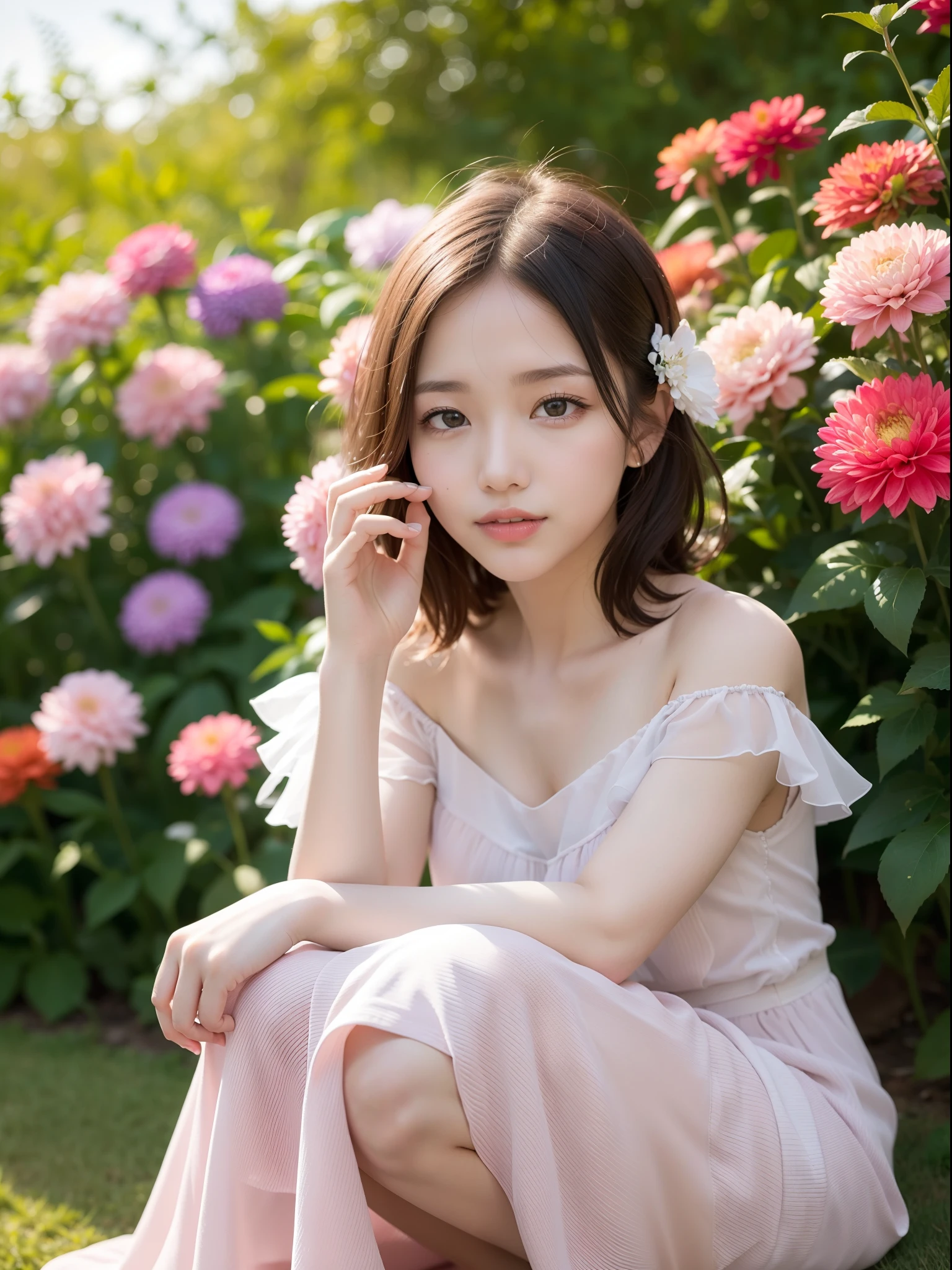 ((of the highest quality, 8K, masutepiece: 1.3, Raw photo)), Sharp Focus: 1.2, (1 AESPA Girl :1.1), Solo, (Realistic, Photorealistic: 1.37), (Face Focus: 1.1), Cute face, hyperdetailed face, short messy hair, Small Smile, slender, (Off-the-shoulder chiffon dress: 1.2), squatting spread legs, garden, flower, dahlia