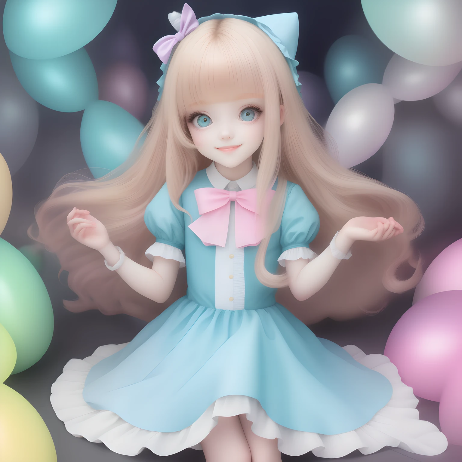 Alice Wonderland Menibelo mesclado, preso, modern accessories , olhos delicados e detalhados, sorriso delicado e detalhados, opalescente, Perolescente, Holographic, fundo escuro