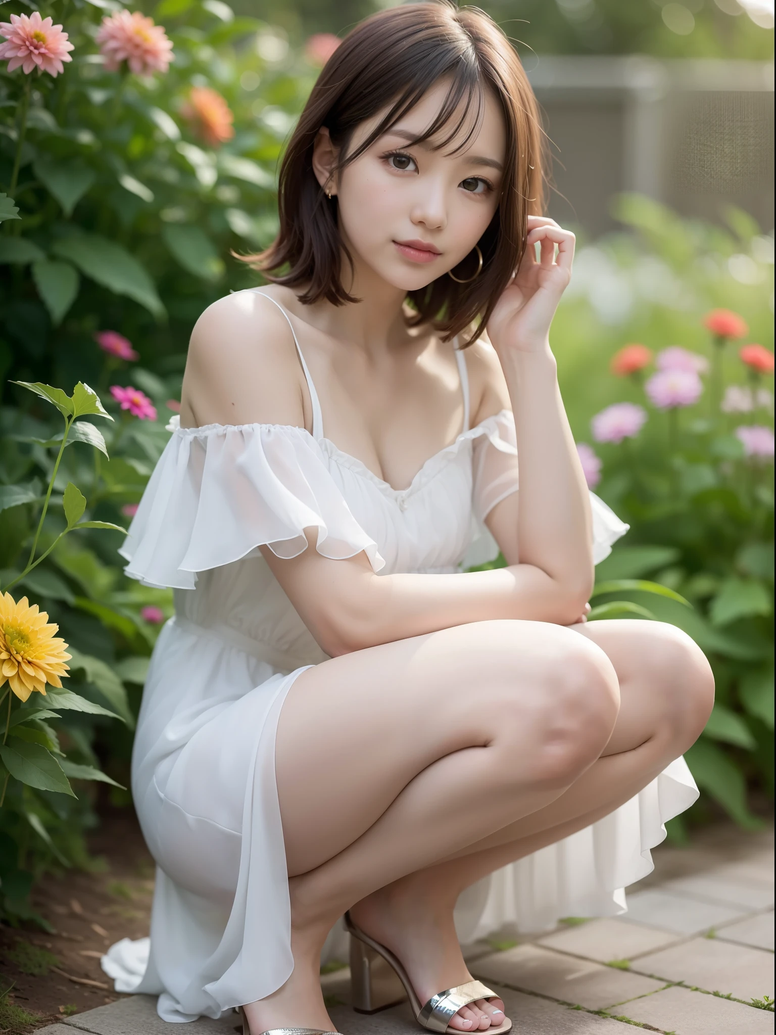 ((of the highest quality, 8K, masutepiece: 1.3, Raw photo)), Sharp Focus: 1.2, (1 AESPA Girl :1.1), Solo, (Realistic, Photorealistic: 1.37), (Face Focus: 1.1), Cute face, hyperdetailed face, short messy hair, Small Smile, slender, (Off-the-shoulder chiffon dress: 1.2), squatting spread legs, garden, flower, dahlia