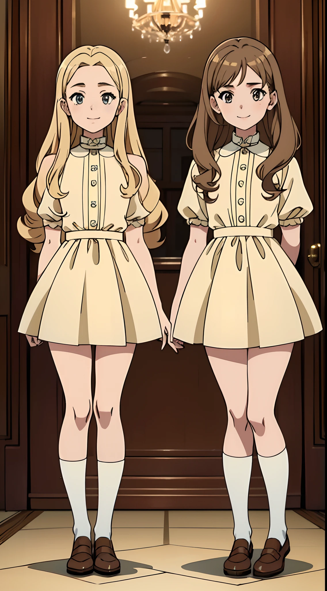 (Anime screencap), (masterpiece, high quality, best quality), brown hair, blonde hair, curly hair, hazel eyes, 2girls, (one blonde girl, one brown haired girl), twins, agers, clones, (matching hairstyles, matching outfits, matching faces, different hair color), same pose, smiles, mansion, (full body, sisters only)