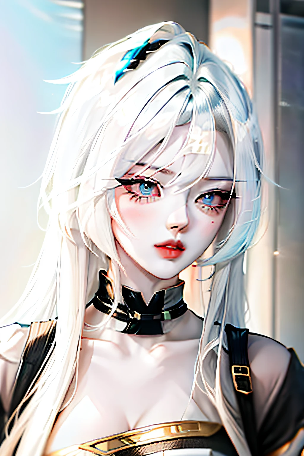 anime girl Genshin Impact inspired, she wears a corset black and white, she has pale skin and long blonde hair with sort bangs