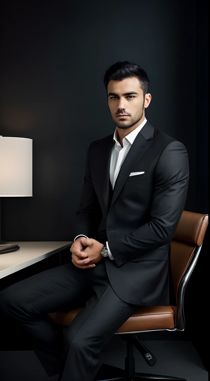 ((half body)) Photo RAW Ceo Man sitting in an office chair, wearing black suit, facing straight, (Impeccable) ,Serious and elegant man, , with thick male eyebrows, (with mysterious and serious face,) short dark hair, dark black background image, elegant, ( high quality and realistic image), ((Best Quality, 8k, Masterpiece)