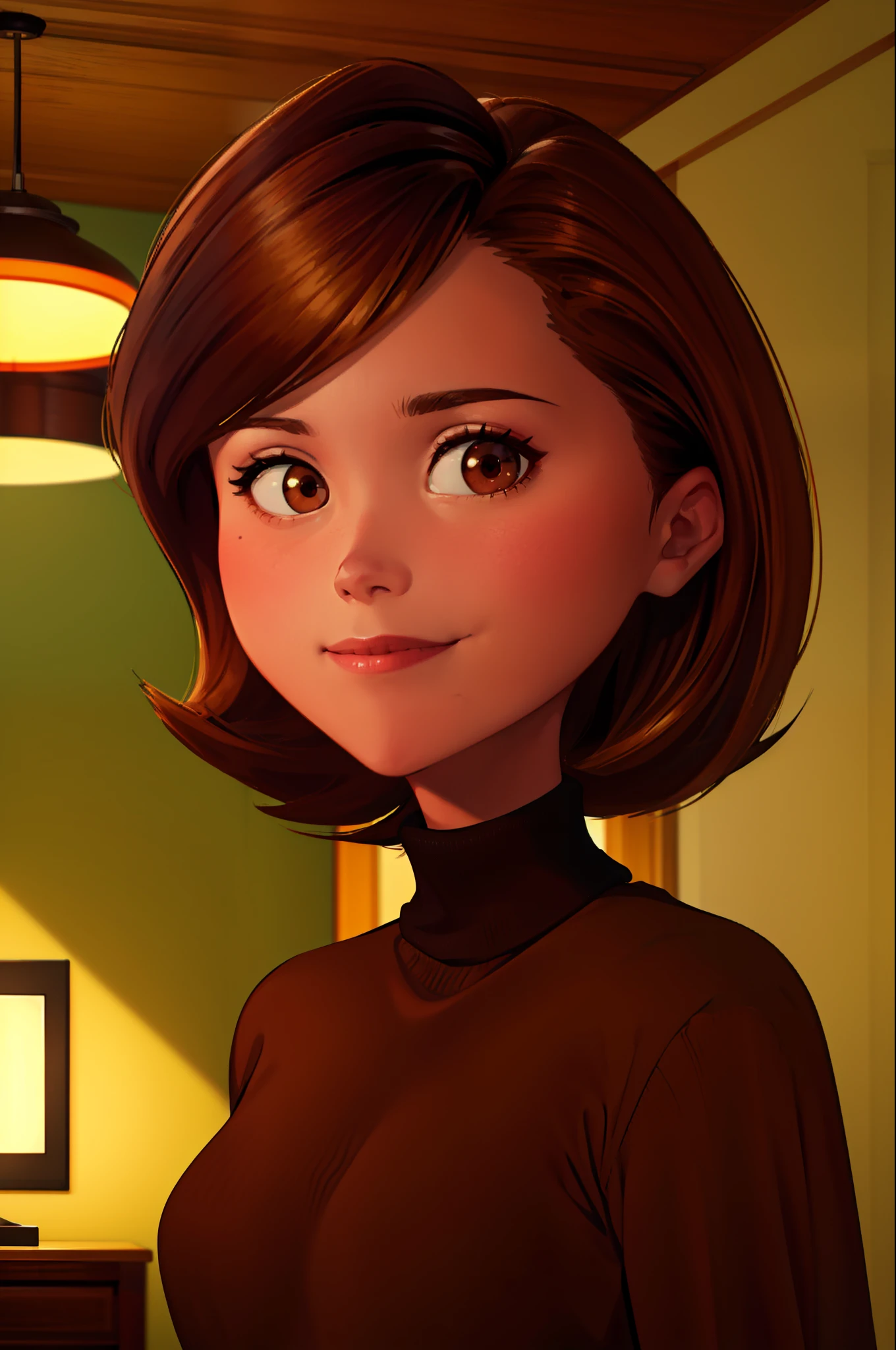 helen parr, masterpiece, best quality, solo, brown hair, brown eyes, turtleneck, sweater, smile, short hair, turtleneck sweater, black sweater, 1girl, upper body, closed mouth, indoors, portrait, black sweater,