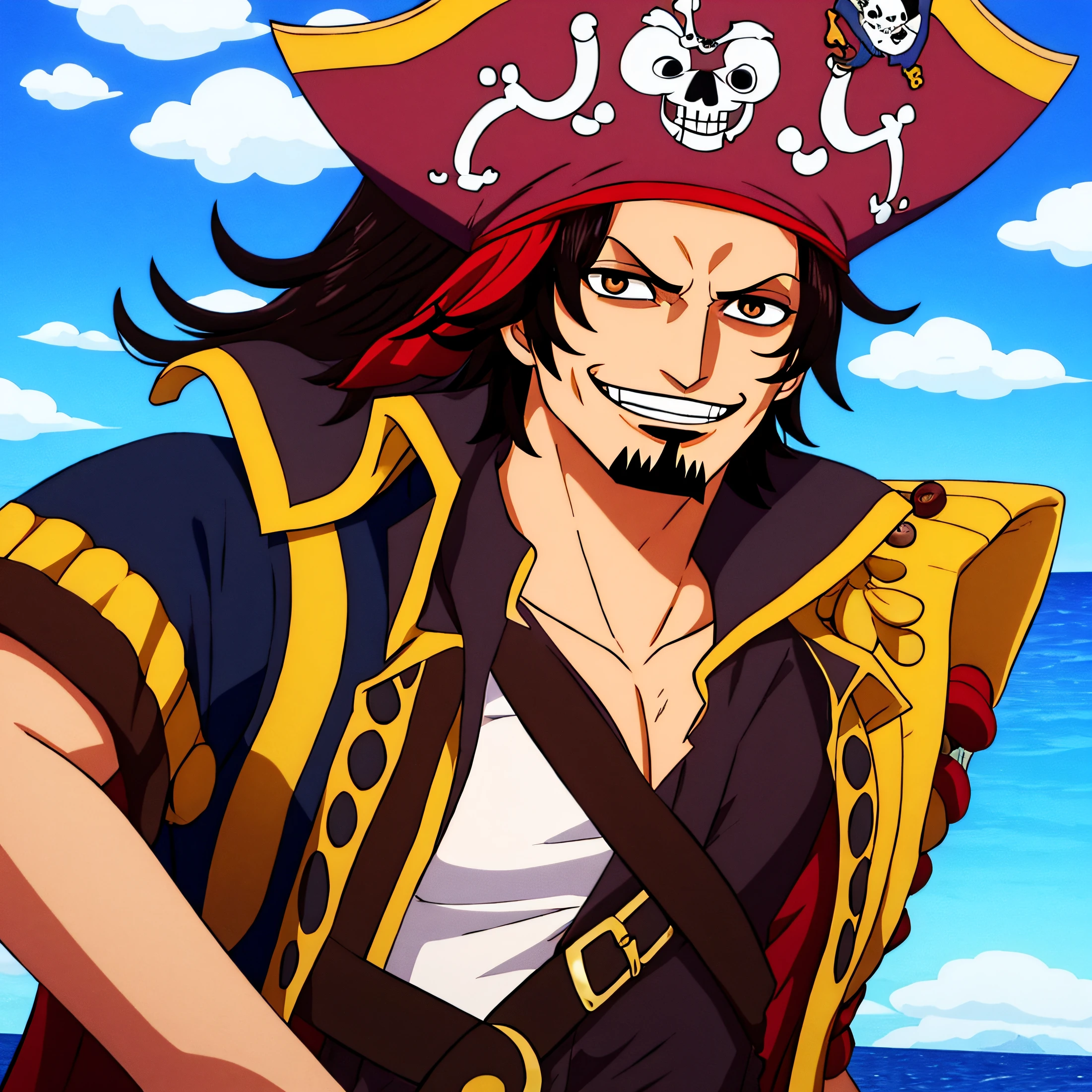 Male, wanostyle, (((high quality))), pirate with long black hair, dark brown eyes, goatee, a scar on his left eyes, wearing a blue pirate captain outfit, looking at viewer, smiling, very happy , wearing a captain's cap, ((masterpiece)), (best quality), (extremely detailed), on a ship at sea,