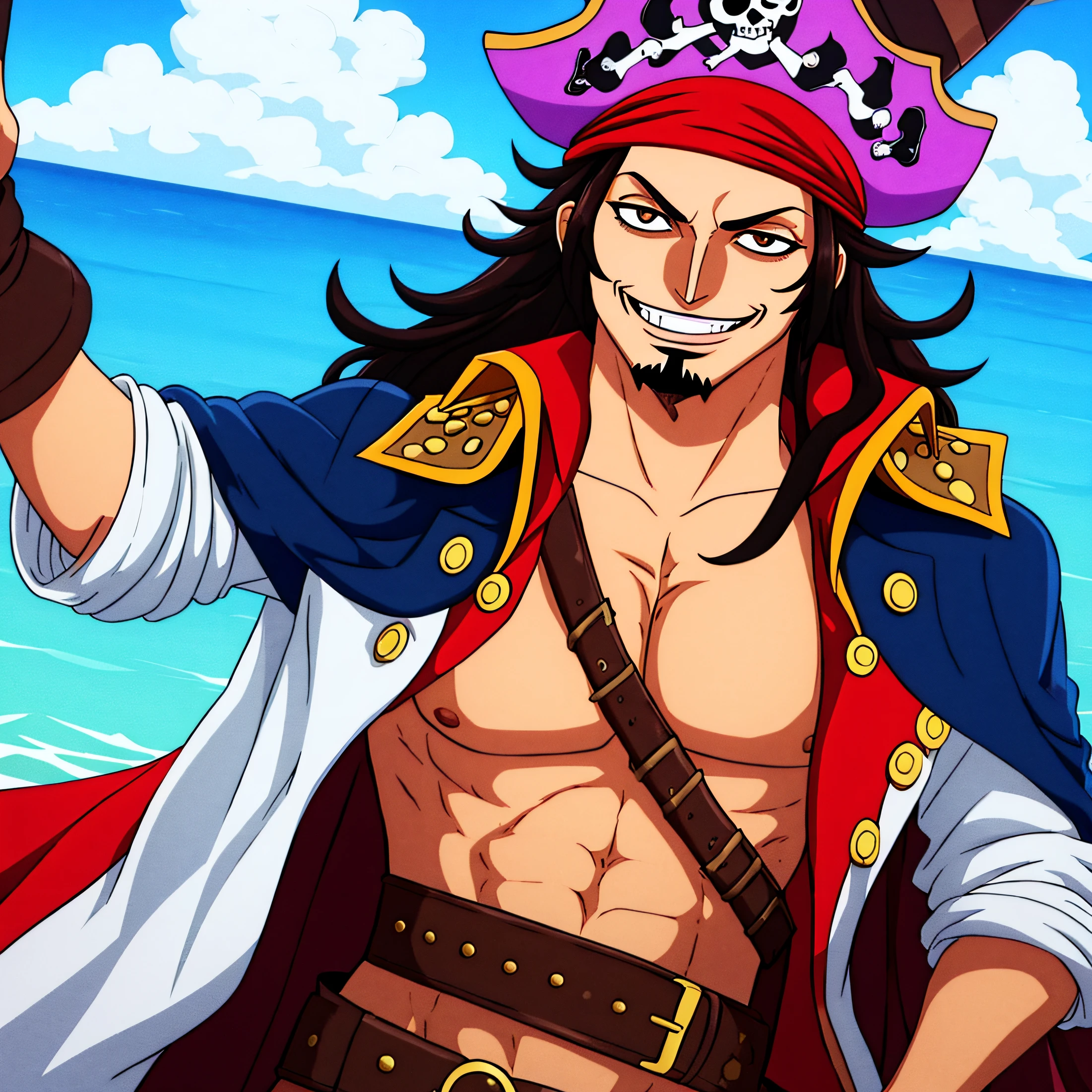 Male, wanostyle, (((high quality))), pirate with long black hair, dark brown eyes, goatee, a scar on his left eyes, wearing a blue pirate captain outfit, looking at viewer, smiling, very happy , wearing a captain's cap, ((masterpiece)), (best quality), (extremely detailed), on a ship at sea,