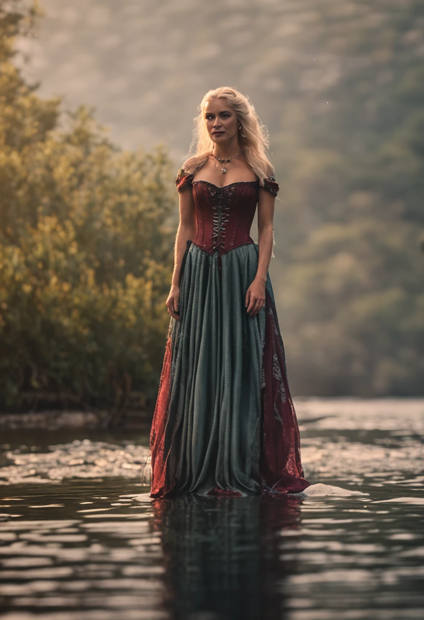 Blonde woman in a corset standing on a dock at the water's edge, cinematic outfit photo, Em Red Dead Redemption 2, Tiro com Canon 5 D Mark II, Tirado com Canon 5D MK4, photo taken with Sony a7R camera, protagonista feminina, Ciri de The Witcher, como um personagem de gtav, Foto tirada com Canon 5D