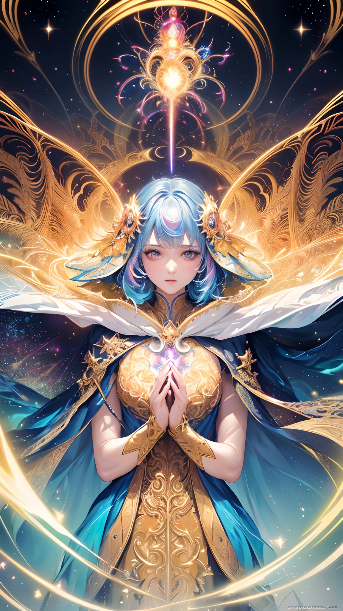 ((Masterpiece)), (Best Quality)), 8K, High Detail, Ultra Detail, God of the Universe with Open Arms in Space, 1 ((Celestial Body)), ((Sparkling Star)), ((Glowing Galaxy)), ((Infinite Darkness)), (((Cosmic Radiation)), ((Divine Light)), (((Light Element and Portrait Hybrid))), Magnificence, Momentum, Spiritual Power, Condensation of Vision,