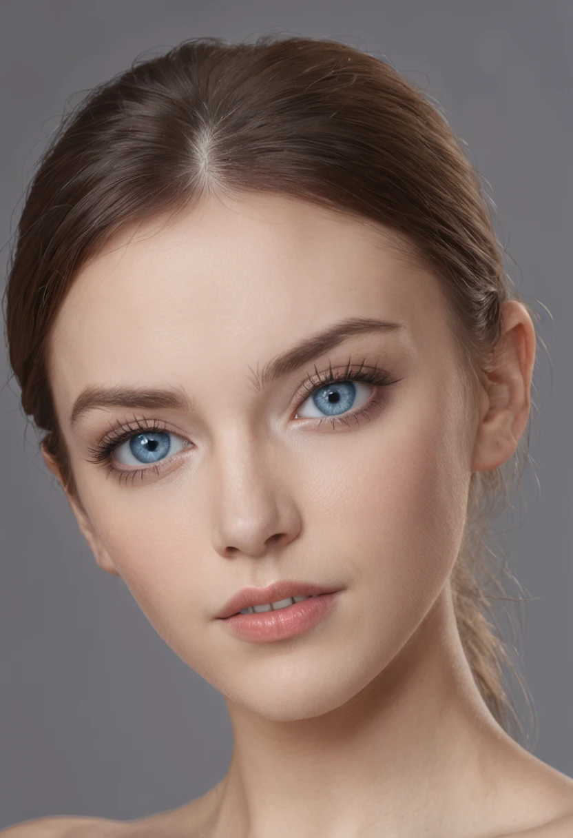 there is a woman, ponytail hair, realistic blue eyes, almond-shaped eyes, one little mole above upper lip, photorealistic beautiful face, looking directly to the camera, headshot, 4k, fotografia, Ultra High Definition