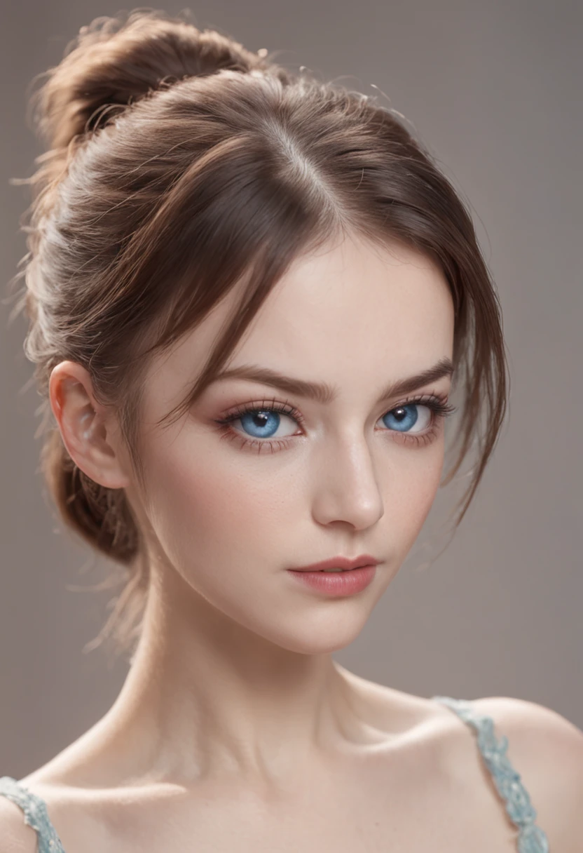 there is a woman, ponytail hair, realistic blue eyes, almond-shaped eyes, one little mole above upper lip, photorealistic beautiful face, looking directly to the camera, headshot, 4k, fotografia, Ultra High Definition