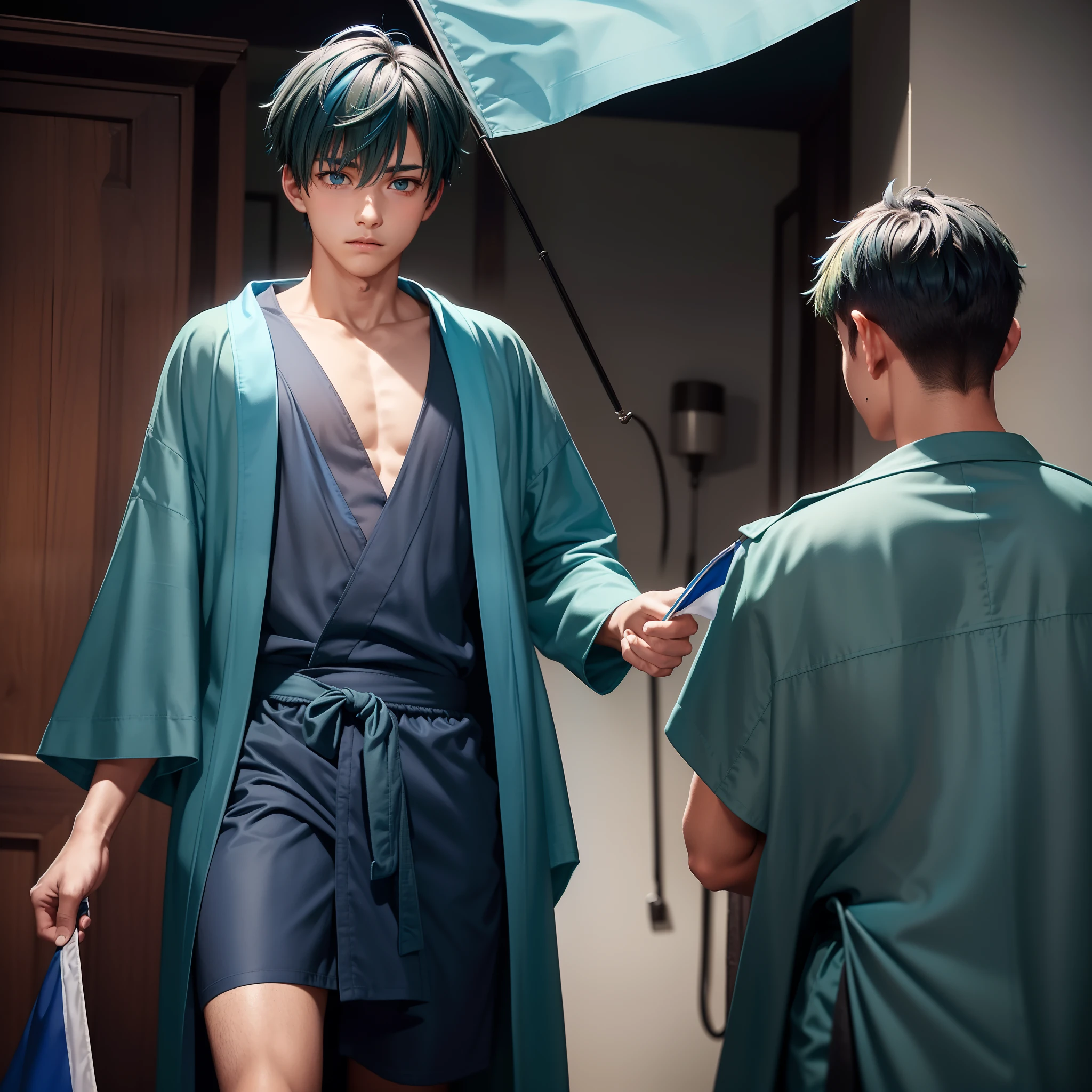 A boy's front((full bodyesbian).(blue short hair)(Gray-green robe),(Blue-black shirt),(Holding a flag),Young