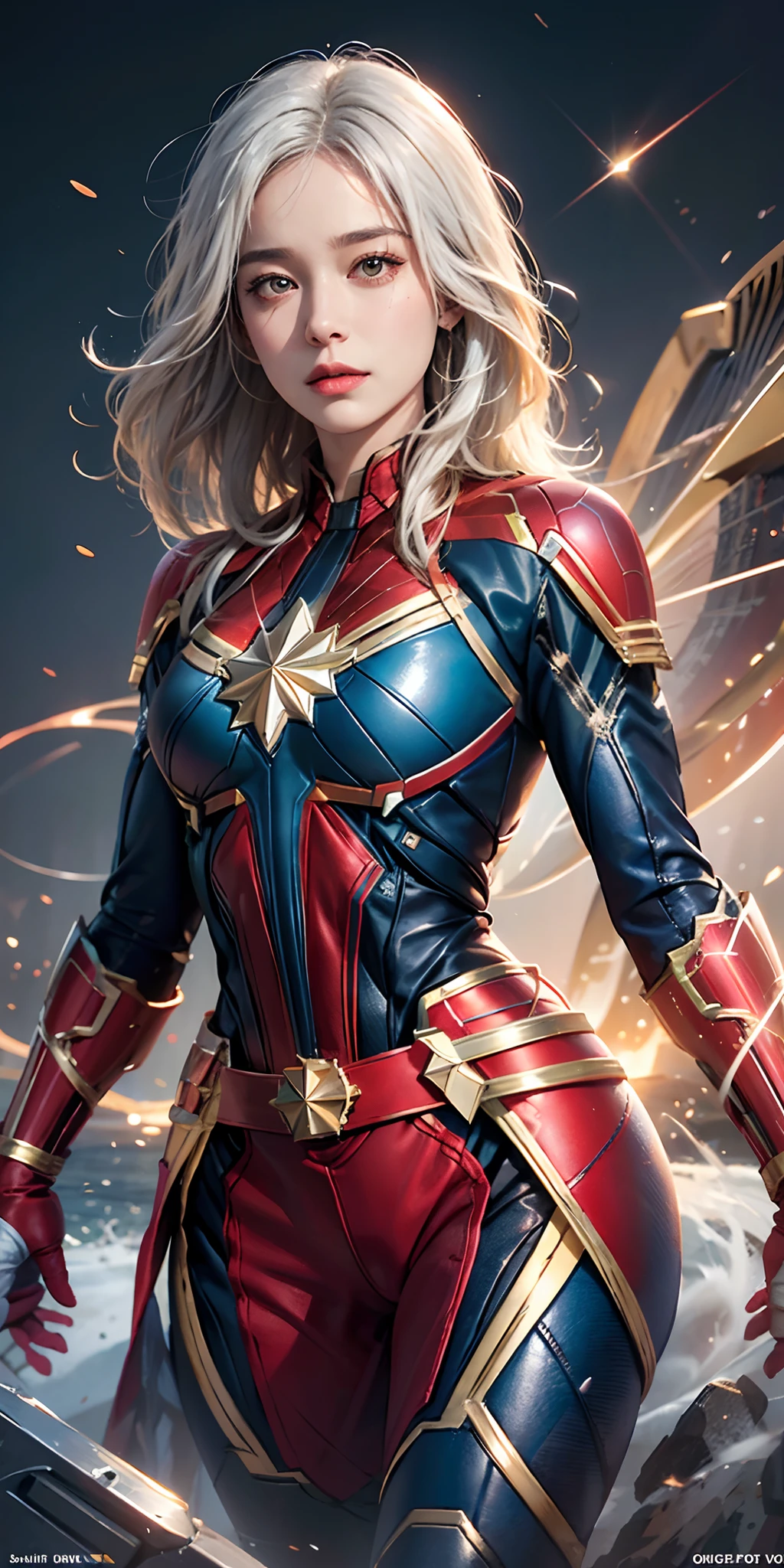 photorealistic, high resolution, soft light,1women, solo, hips up, shining skin, (detailed face), captain marvel costume, white hair