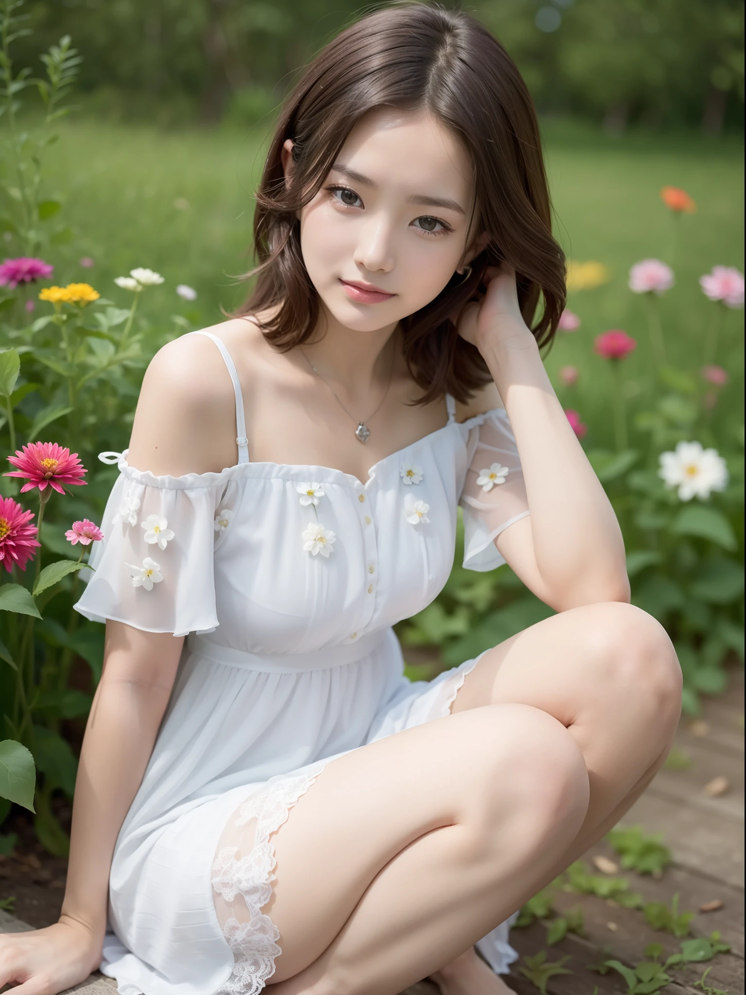 ((of the highest quality, 8K, masutepiece: 1.3, Raw photo)), Sharp Focus: 1.2, (1 AESPA Girl :1.1), Solo, (Realistic, Photorealistic: 1.37), (Face Focus: 1.1), Cute face, hyperdetailed face, short messy hair, Small Smile, slender, (Off-the-shoulder chiffon dress: 1.2), squatting spread legs, panties, garden, flower, dahlia