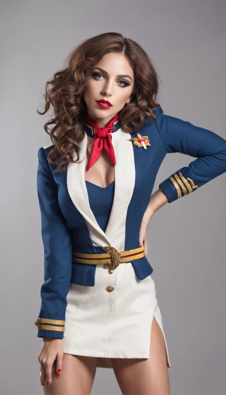 (Lady Gaga:1.5), (standing:1.2 on your feet), (long white legs), (curly hair), (blue eyes), (tanned skin), (wearing a flight attendant costume), (in an airplane), full body