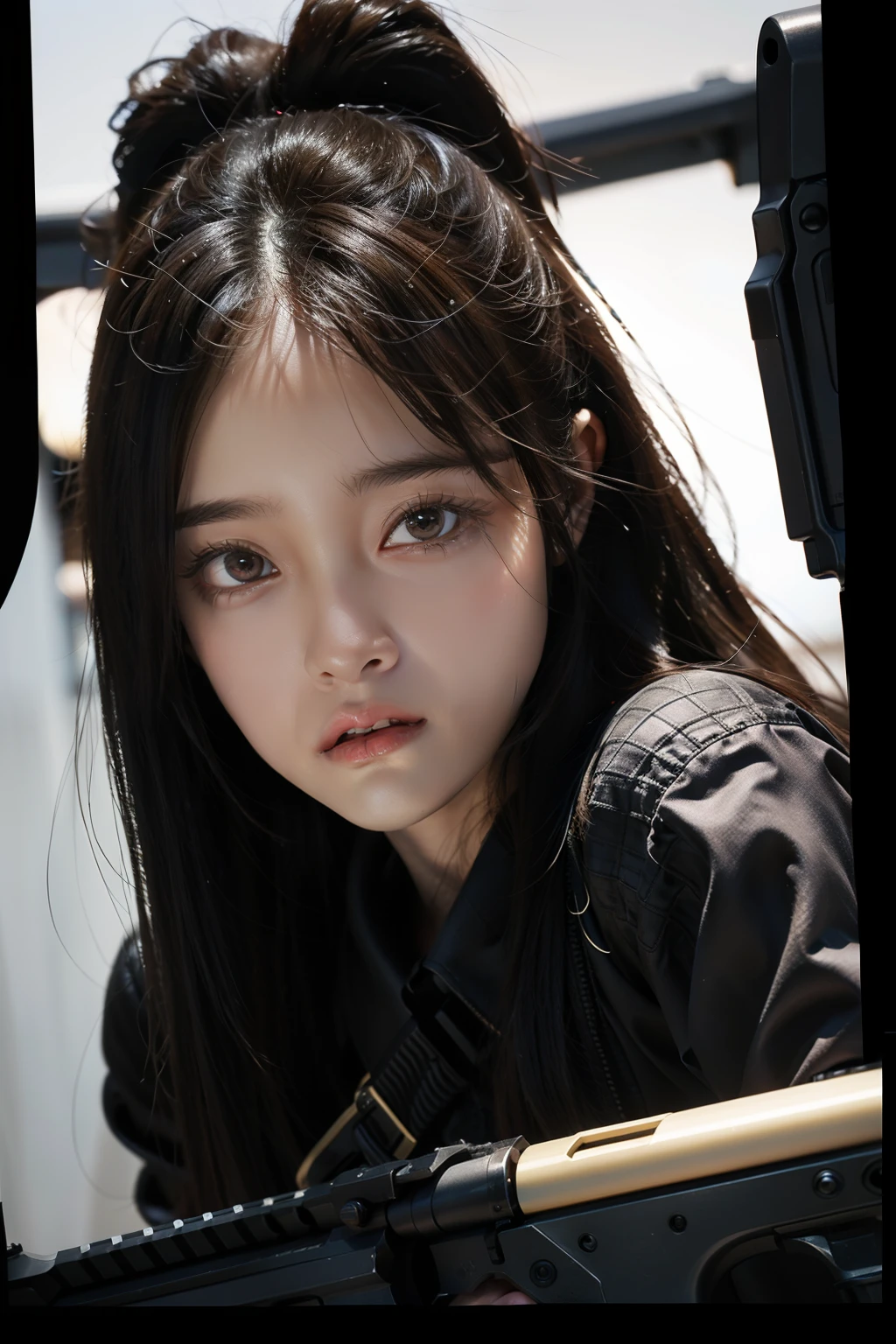 Create a girl with long black hair、Eyes are big and attractive、Highly detailed, Vibrant, Ultra High Quality, Hyper-Realism, Photorealism, Octane Render,Holding an AK-47 automatic rifle、Skin is often exposed in battle uniforms of the near future