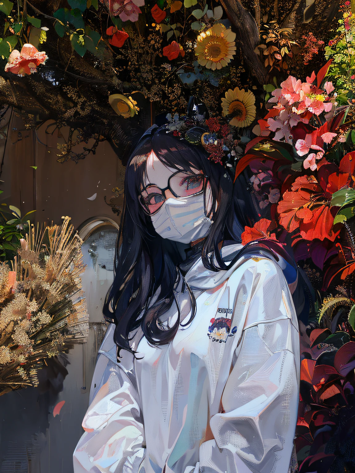 (masterpiece:1.3), best quality, official art, magazine cover, ultra detailed, 1girl, 1980s \(style\),there is a woman wearing a mask and white coat, wearing a hoodie, wearing dark glasses, wearing a mask, aesthetic lofi girl, aesthetic, wearing a plant respirator, lofi portrait, girl, aesthetic dazzling beauty, aesthetic!!, 🍁 cute, with flowers, aesthetic!, masked, lofi girl, wearing dark glasses , art by [Aaron Horkey|Lisa Frank]