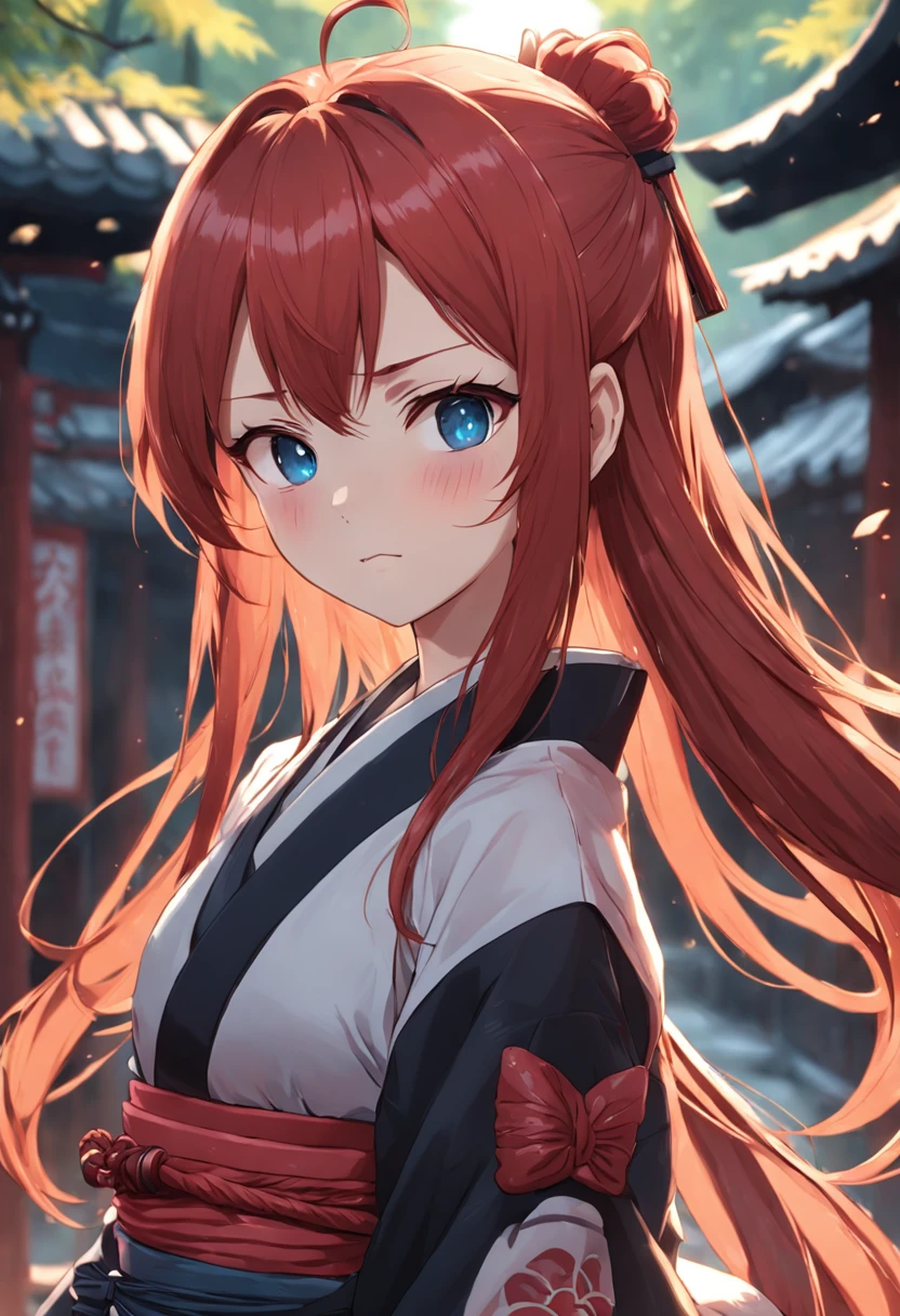 anime girl redhead long hair wearing samurai clothing waifu style