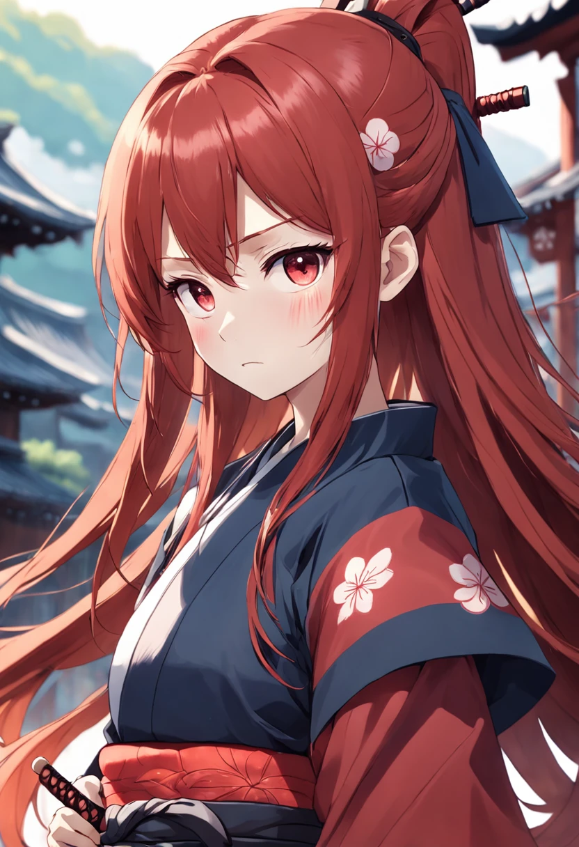anime girl redhead long hair wearing samurai clothing waifu style