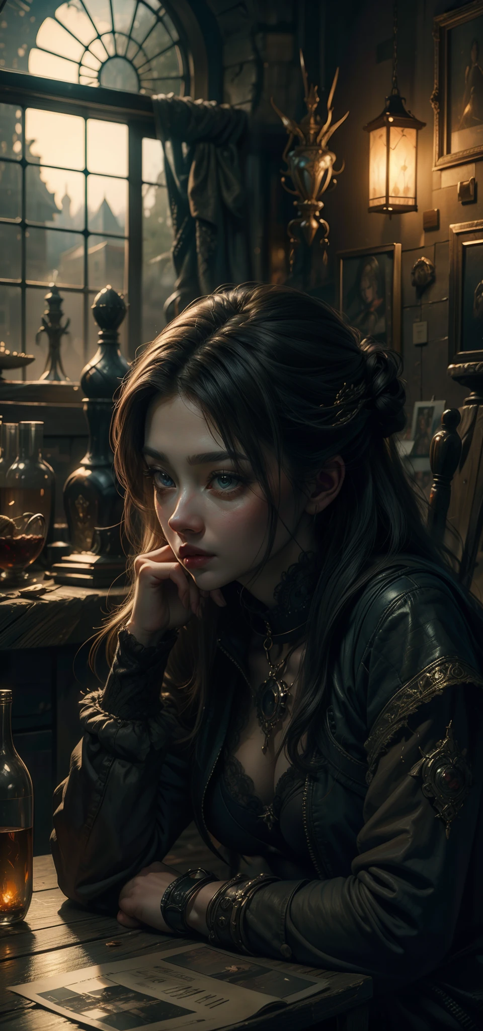 beautiful black women in detailed dress at cozy detailed potions shop, air above hair, long curly hair, IPA award wining, masterpiece, made with professional high quality camera, intense contrast