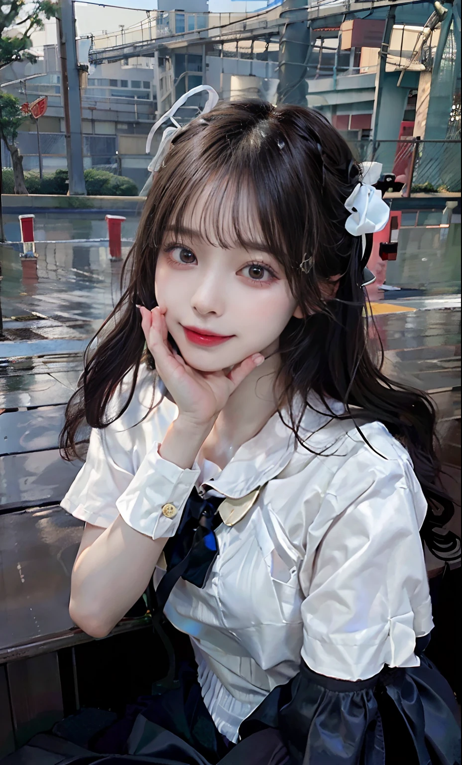 (Raw photography:1.2)、top-quality、a beautiful detailed girl、A smile、、extremely detailed eye and face、beatiful detailed eyes、huge filesize、hight resolution、hight resolution、8k wallpaper、finely detail、Highly detailed ticker uniform 8K wallpaper、Light on the Face、电影灯光、16-year-old girl、sexy pose、(photorealisim:1.4)、illustratio、surrealism、 frombelow、super detailing、masterpiece、Background tennis court