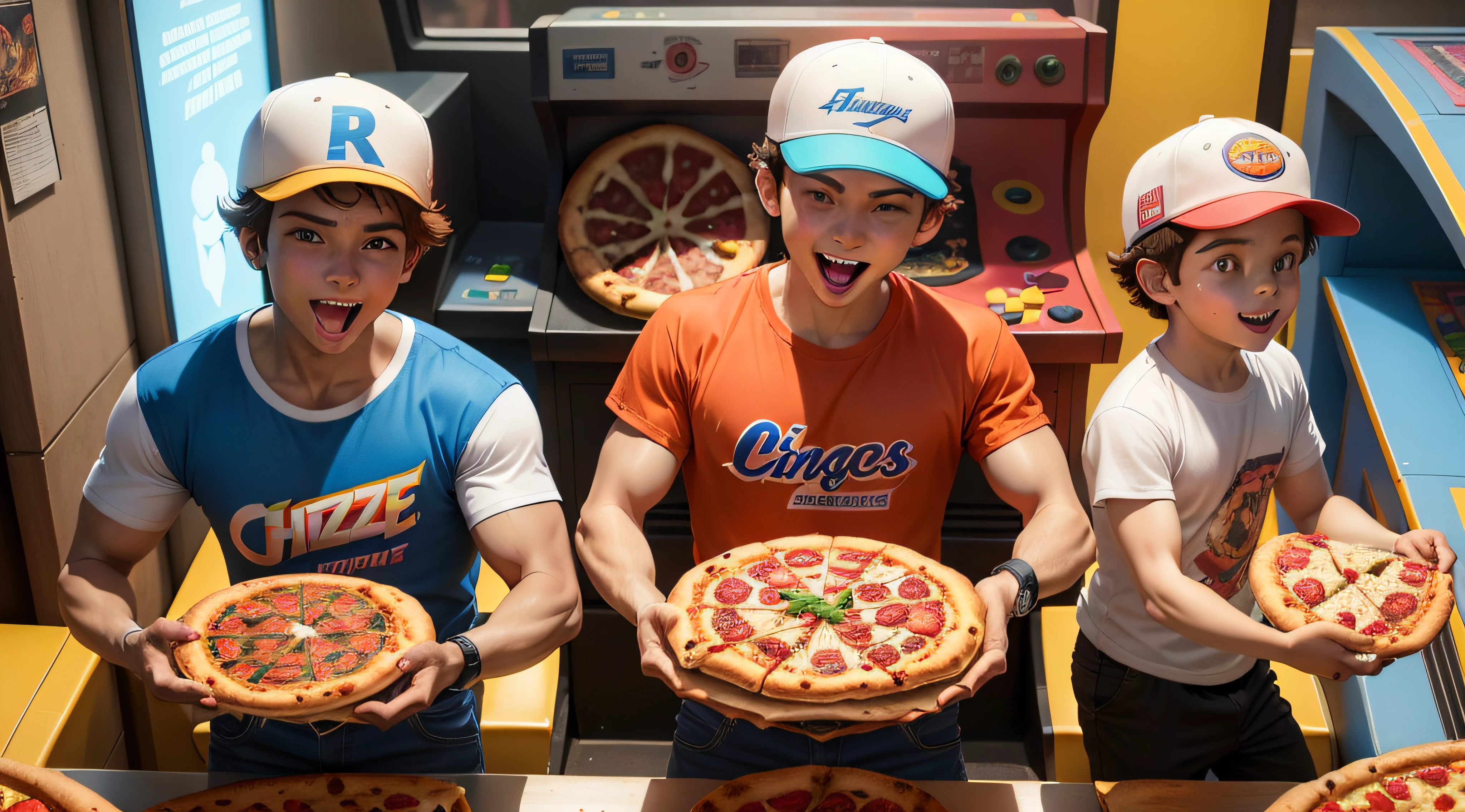 "Arcade games donate 80s themed pizzas, detalhada, cores vibrantes, Retro style, Ambiente divertido, 2 boys sorridente comendo pizza, roupas na cor laranja e preto, boy wearing cap, Pizzas deliciosas, blank white t-shit, blank white hat, blank cap."