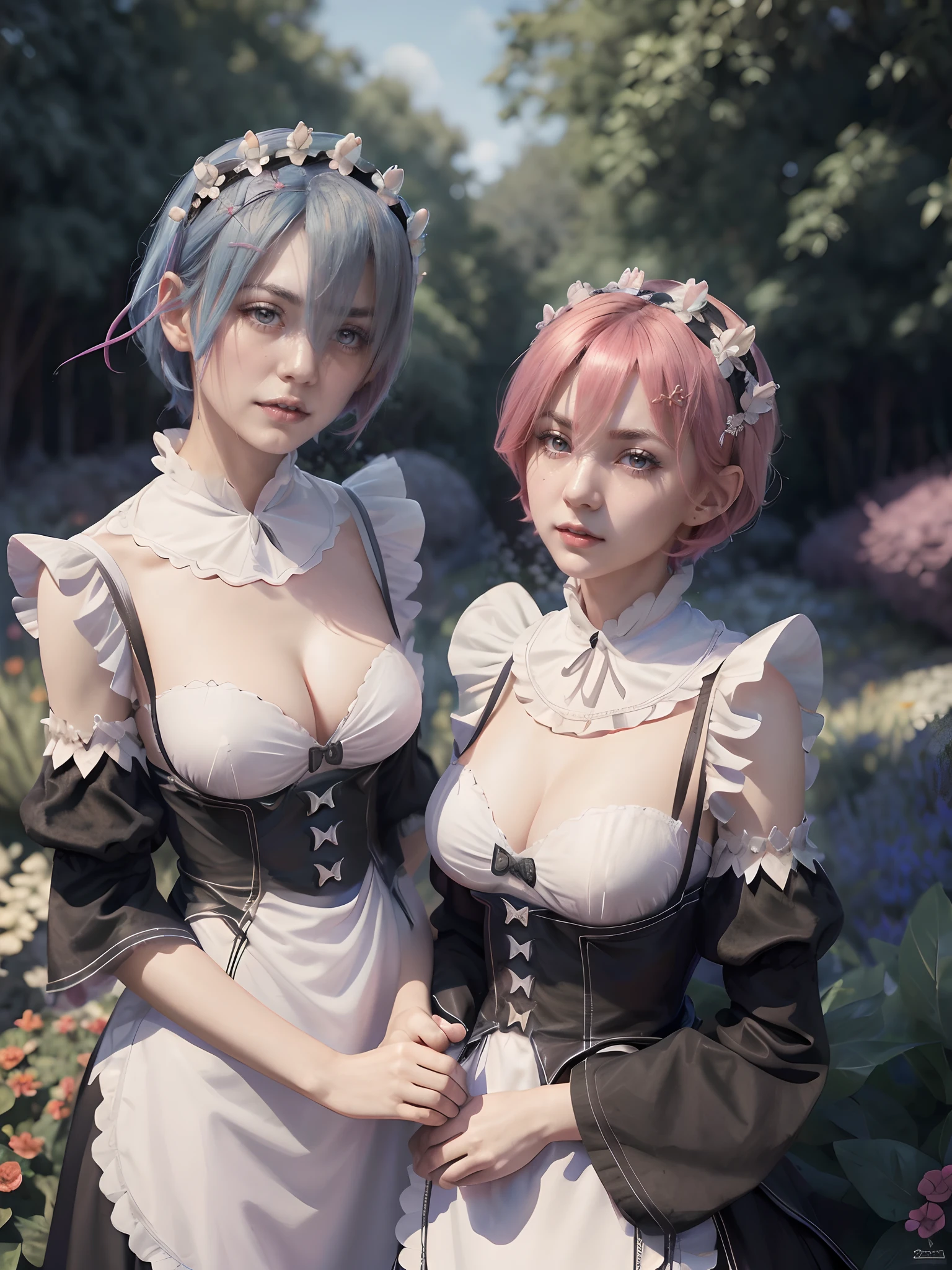 (masterpiece, best quality:1.4), (full body), (standing on the garden:1.4), (2girls:1.5), (ram_rezero with pink hair:1.2), (rem_re_zero with blue hair:1.2), looking at viewer, rem_re_zero, short hair, maid uniform, (black maid uniform:1.5), hair ornament, cleavage, maid headdress, detached sleeves, ribbon, medium breasts, ram_rezero, short hair, (red eyes, red iris), maid uniform, (black maid uniform:1.5), hair ornament, cleavage, maid headdress, detached sleeves, ribbon, medium breasts, beautifull smile, (beautiful face), (highly detailed face, highly detailed eyes), (highly detailed skin), skin pores, subsurface scattering, realistic pupils, full face blush, full lips, depth of field, volumetric lighting, sharp focus, absurdres, realistic proportions, good anatomy, (realistic, hyperrealistic:1.4), 16k hdr