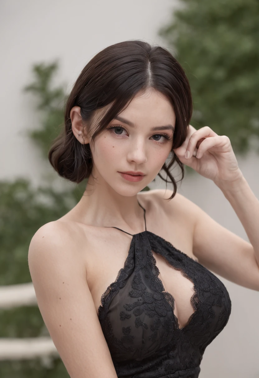 Beautifulwhite girl, short wavy black hair, wearing dress has a cow pattern, masterpiece, ultra realistic, best quality, Full HD, , missionary vaginal, close up, creampie, breasts, exposed breasts, tanlines, stockings, , spreading legs,  facial, cum