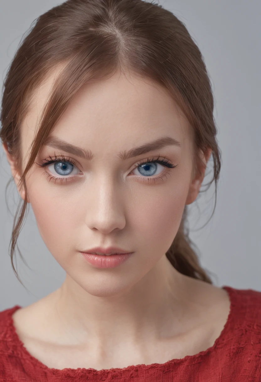 there is a woman, ponytail hair, blue eyes, almond-shaped eyes, one little mole above upper lip, beautiful face, looking directly to the camera, headshot, 4k, fotografia, Ultra High Definition