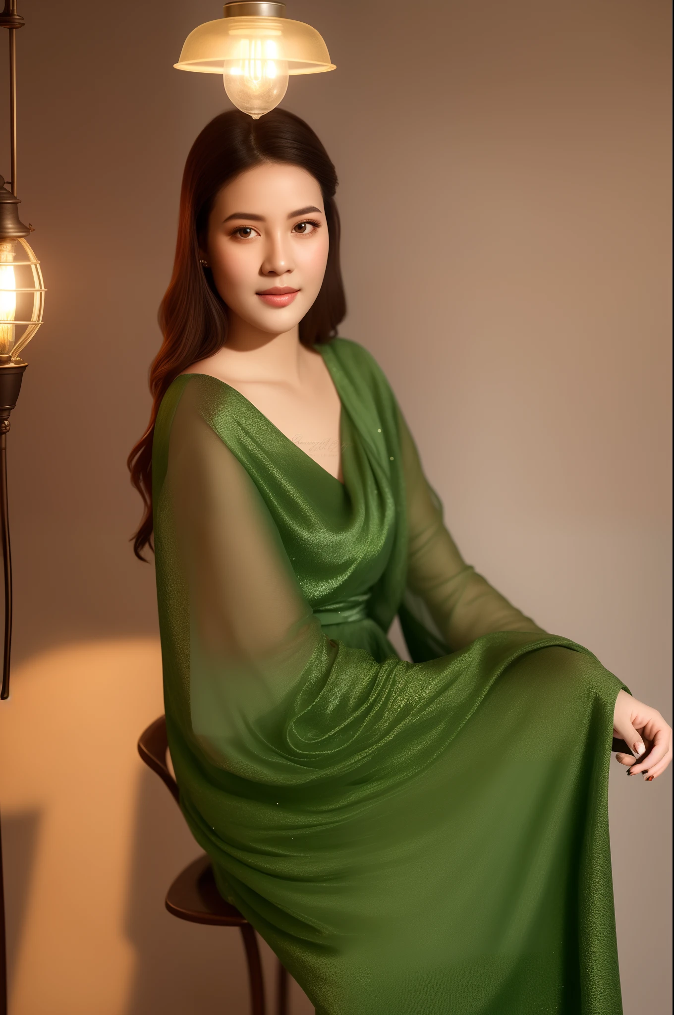 There is a girl in a green dress, clubs，palaces，oriental architecture ray tracing，{best qualtiy}，{ {tmasterpiece}}，Extremely detailed 8K wallpaper，{An extremely delicate and beautiful}，coloured with lots of colour，intricately details，photorealestic，Realiy，Camera quality，（Carefully portray clothes），Cold white skin，（Carefully portray blush）,1080p，suns，Soft cute，Smooth light silver hair，Messy beauty，lamplight，Sense of brokenness，The skin is shiny and silky，3D stereoscopic，tmasterpiece，The best quality，The illustrations are super detailed，beautidful eyes，Very delicate light，Fine luminescence，Very detailed 8K CG wallpaper，Peach blossom eyes，An extremely delicate and beautiful girl，8k wallpaper，best qualtiy，close-up all over the body，a white long skirt，Luxuriously silky bright red chiffon overshine（Illusion，glitters，Ultrathin，softness，）Hanfu