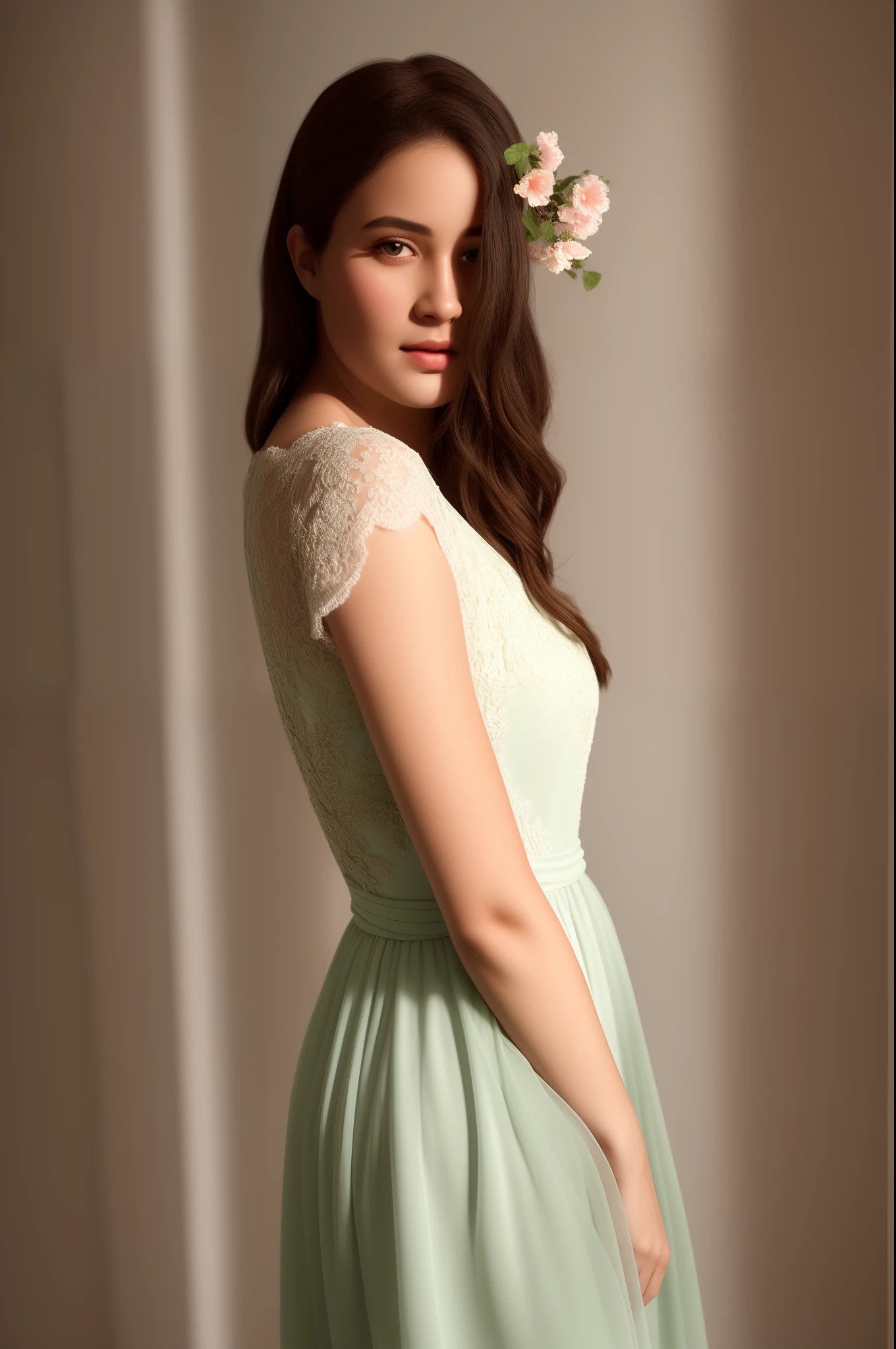 There is a girl in a green dress, clubs,palaces,oriental architecture ray tracing,{best qualtiy},{ {tmasterpiece}},Extremely detailed 8K wallpaper,{An extremely delicate and beautiful},coloured with lots of colour,intricately details,photorealestic,Realiy,Camera quality,(Carefully portray clothes),Cold white skin,(Carefully portray blush),1080p,suns,Soft cute,Smooth light silver hair,Messy beauty,lamplight,Sense of brokenness,The skin is shiny and silky,3D stereoscopic,tmasterpiece,The best quality,The illustrations are super detailed,beautidful eyes,Very delicate light,Fine luminescence,Very detailed 8K CG wallpaper,Peach blossom eyes,An extremely delicate and beautiful girl,8k wallpaper,best qualtiy,close-up all over the body,a white long skirt,Luxuriously silky bright red chiffon overshine(Illusion,glitters,Ultrathin,softness,)Hanfu