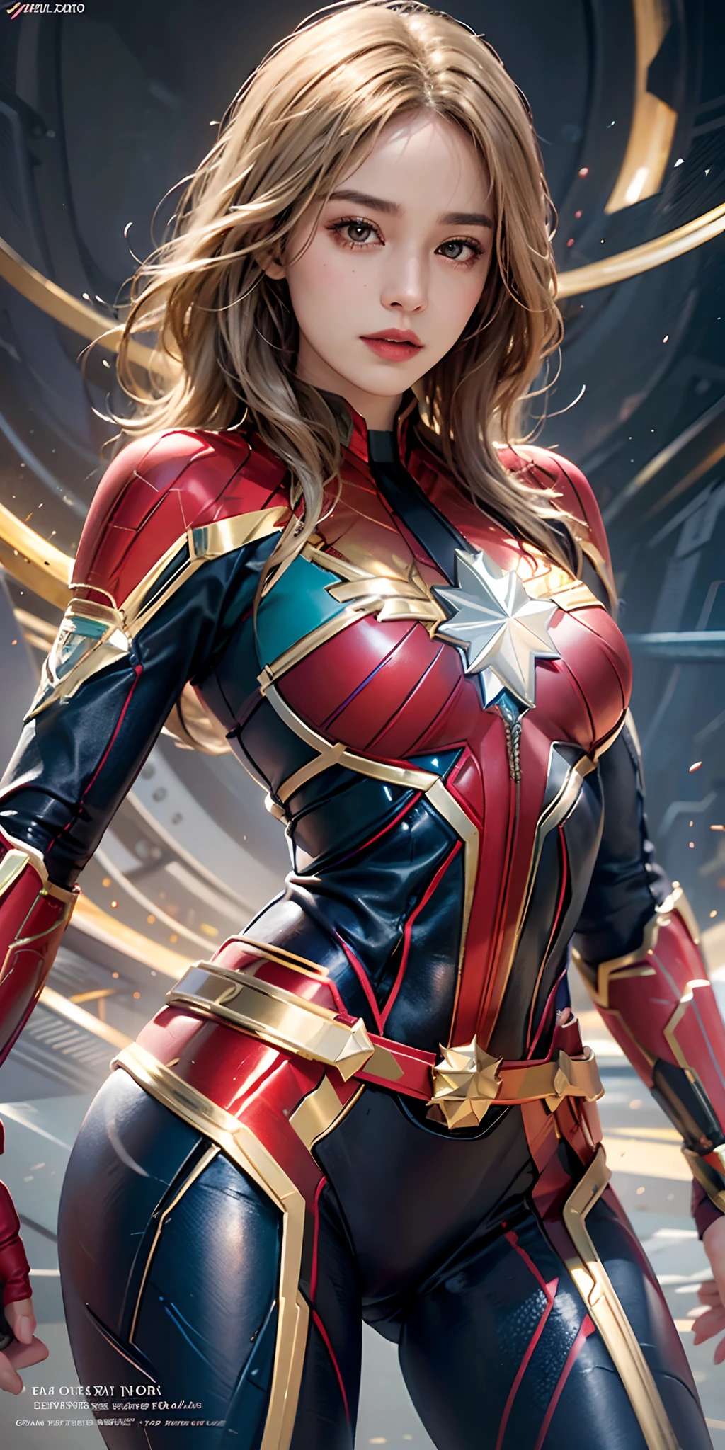 photorealistic, high resolution, soft light,1women, solo, hips up, shining skin, (detailed face), captain marvel costume, jewelry, tattoo