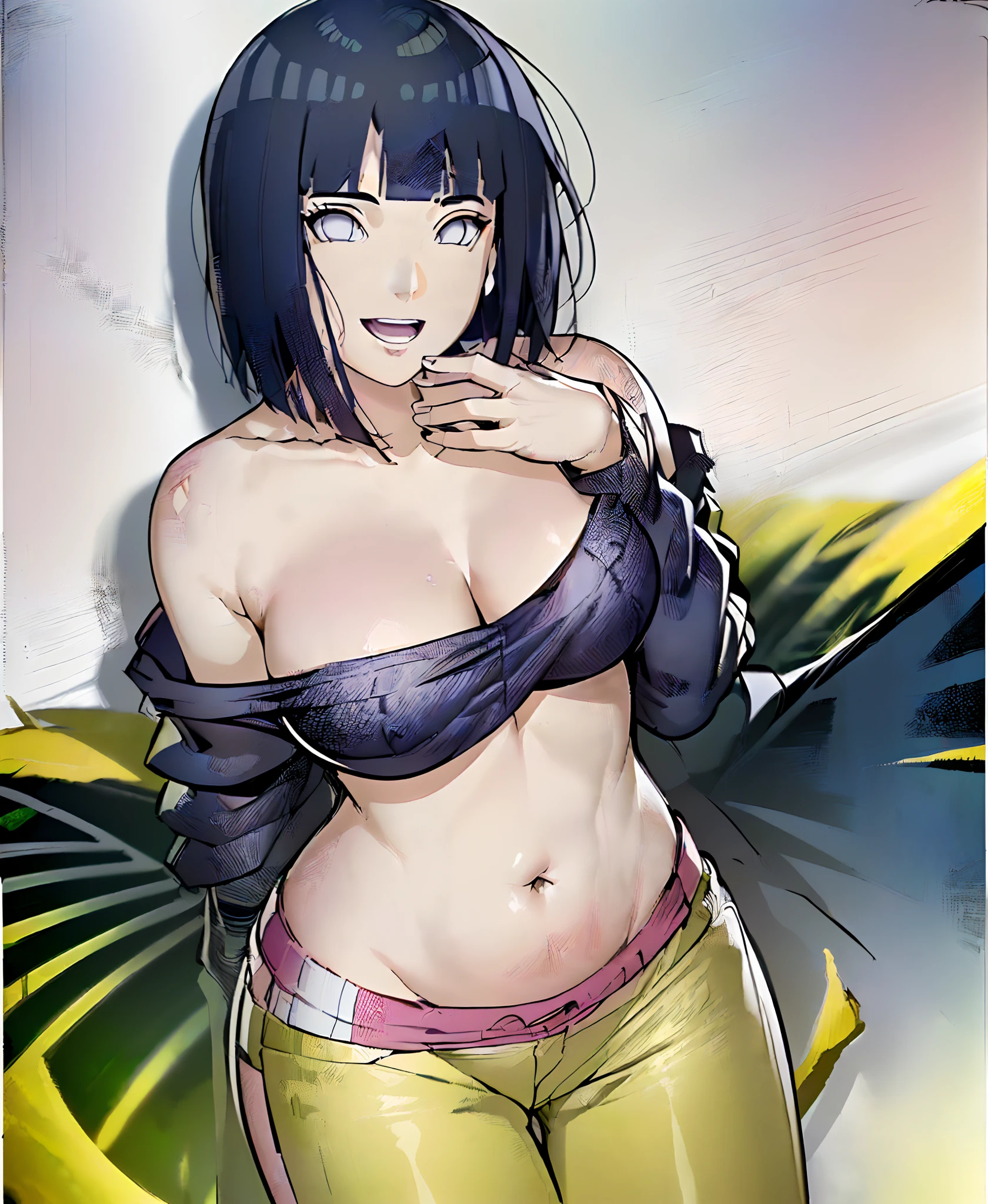 (WALLPAPER, (hinata\(boruto\), masterpiece, 4k, vector coloring, whole body shot, contrast lighting, mature female, (curvy:0.8), solo, anime style, sharp focus, professional artwork, intricate details, detailed beach background, colorful, vibrant colors, vivid colors, digital blending, ultra detailed body, ultra detail hair, ultra detail face, trending on pixiv, very hot colors, sunny day, outdoor, detailed bold arm lines, high color saturation, bold lines, bold drawing lines),
(standing, open mouth, kind smile, extremely happy, goodbye, sexy pose),
((dark blue hair color:1.1), wavy hair, ((short hair, hime cut)),
(perfect eyes, white sciera, bright eyes, white eyes, anime eyes, smoky eyeliner, eyeshadow)
(white skin, slender body, milf, navel, groin, flat belly, perfect face, perfect thighs),
(Thighs, legs, big breasts, perky boobs, off-shoulders, (groin, detailed shoulders),
(almost naked, only white clothes, bare chest, bare shoulders, bare hands, bare legs),
(Naked, topless, white micro pants, no top)