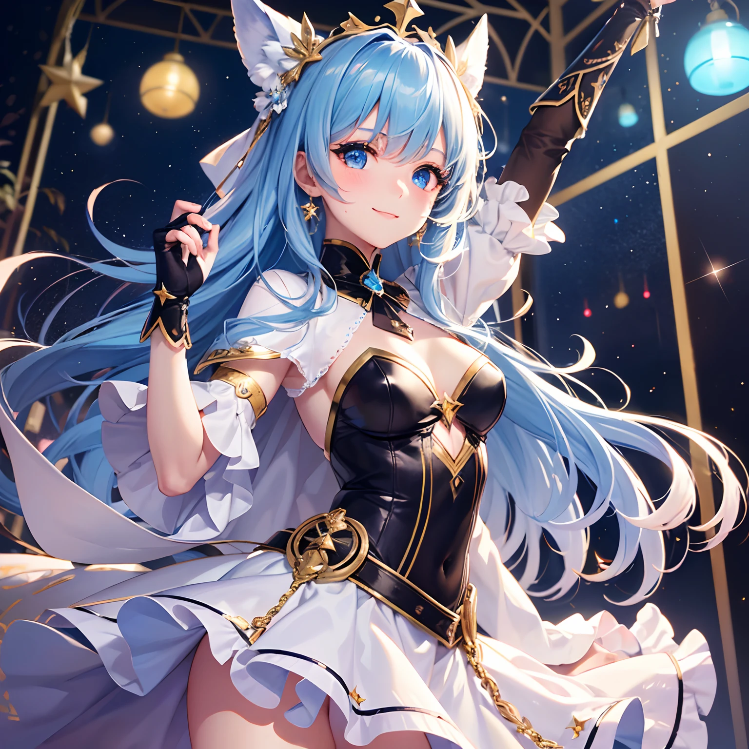 ((Masterpiece)), ((Best Quality)), (Ultra Detailed), ((Lively)), ((Diva)), Best Quality,1 Girl, Blue Eyes, Fair Skin, Detailed Face, Straight Hair, Long Hair, Sky Blue Hair,White Cape,Princess Line,Black String Tie,Bangs Above One Eye, Small,((Skinny)), (Detail)+, (Real)-, Smile, Dynamic Pose, Sky Blue Dress,Sexy and Beautiful, High Detail Eyes, On Stage,Wind, (Colorful Light)++, (Twinkle Star)+, Blush +