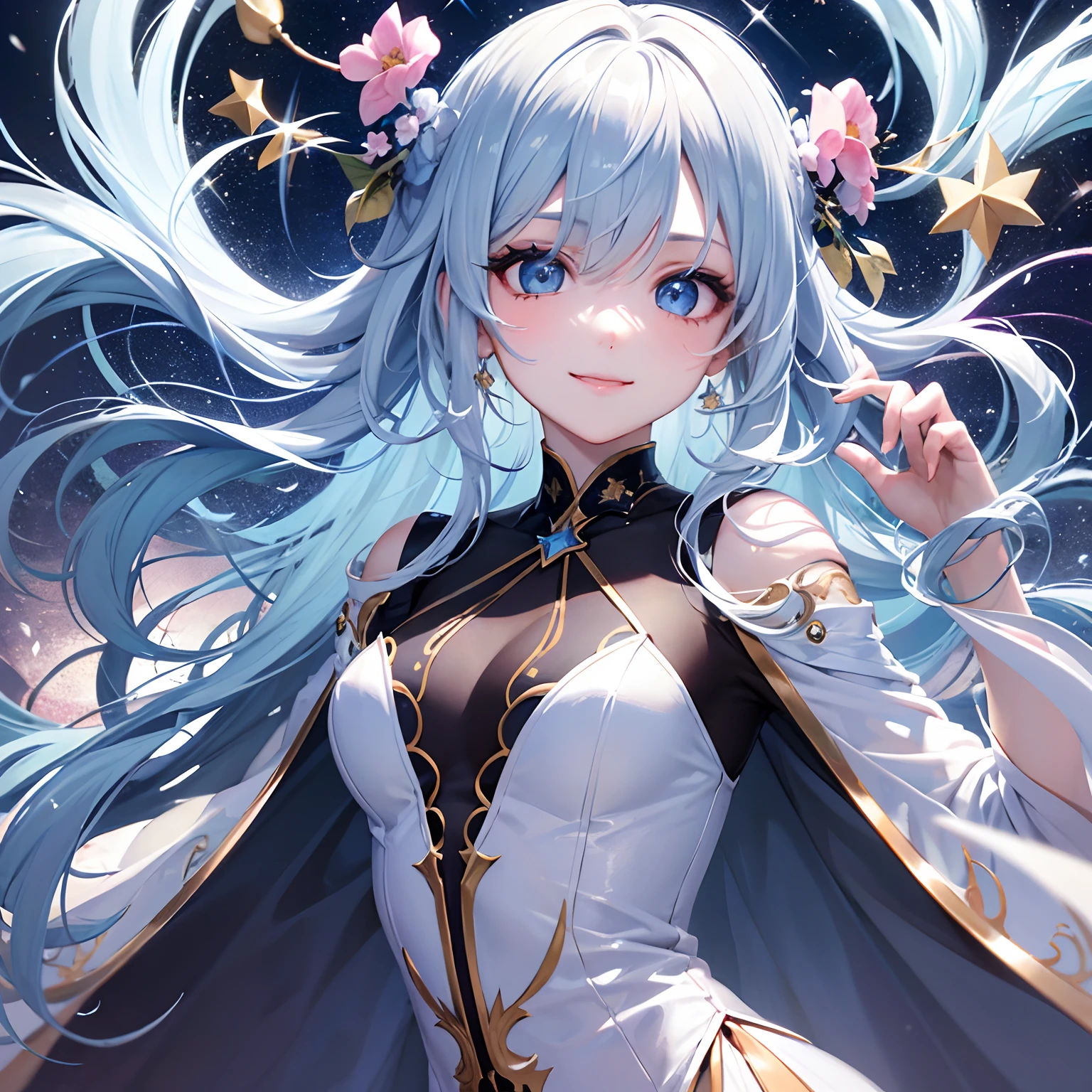 ((Masterpiece)), ((Best Quality)), (Ultra Detailed), ((Lively)), ((Diva)), Best Quality,1 Girl, Blue Eyes, Fair Skin, Detailed Face, Straight Hair, Long Hair, Sky Blue Hair,White Cape,Princess Line,Black String Tie,Bangs Above One Eye, Small,((Skinny)), (Detail)+, (Real)-, Smile, Dynamic Pose, Sky Blue Dress,Sexy and Beautiful, High Detail Eyes, On Stage,Wind, (Colorful Light)++, (Twinkle Star)+, Blush +