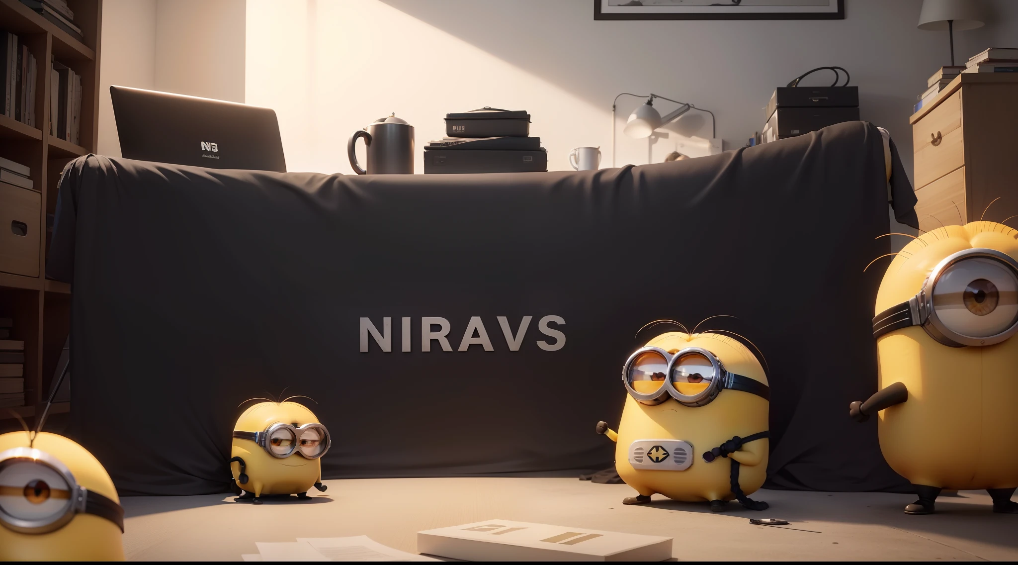A full white studio, two studio light at the top left and right corner, and the text "NWU Shitposting" Black coloured in the middle of the picture, like a funny facebook meme group cover photo size, super ultra HD HQ Quality, 4k, ultra detailed, photography, minion movie intro style, highest quality, highest detail, studio highlighted, with some minion cartoons at the bottom of the picture playing and fighting with each other