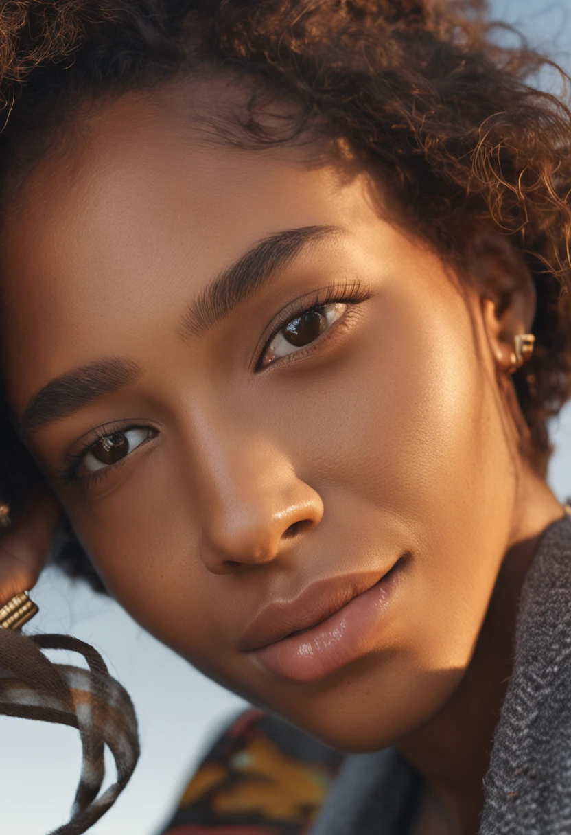 ((top quality, 8k, masterpiece: 1.3)), sharp focus: 1.2, (realistic, photorealistic: 1.37), half African half asian beautiful woman, highly detailed face and skin texture, detailed eyes, double eyelids, small smile, long wavy brown hair, small bust, small necklace, black sweater, upper body, sunset sun, afternoon teen bedroom. selfie. Instagram selfie low quality, teen snapchat selfie, young Naomi Campbell