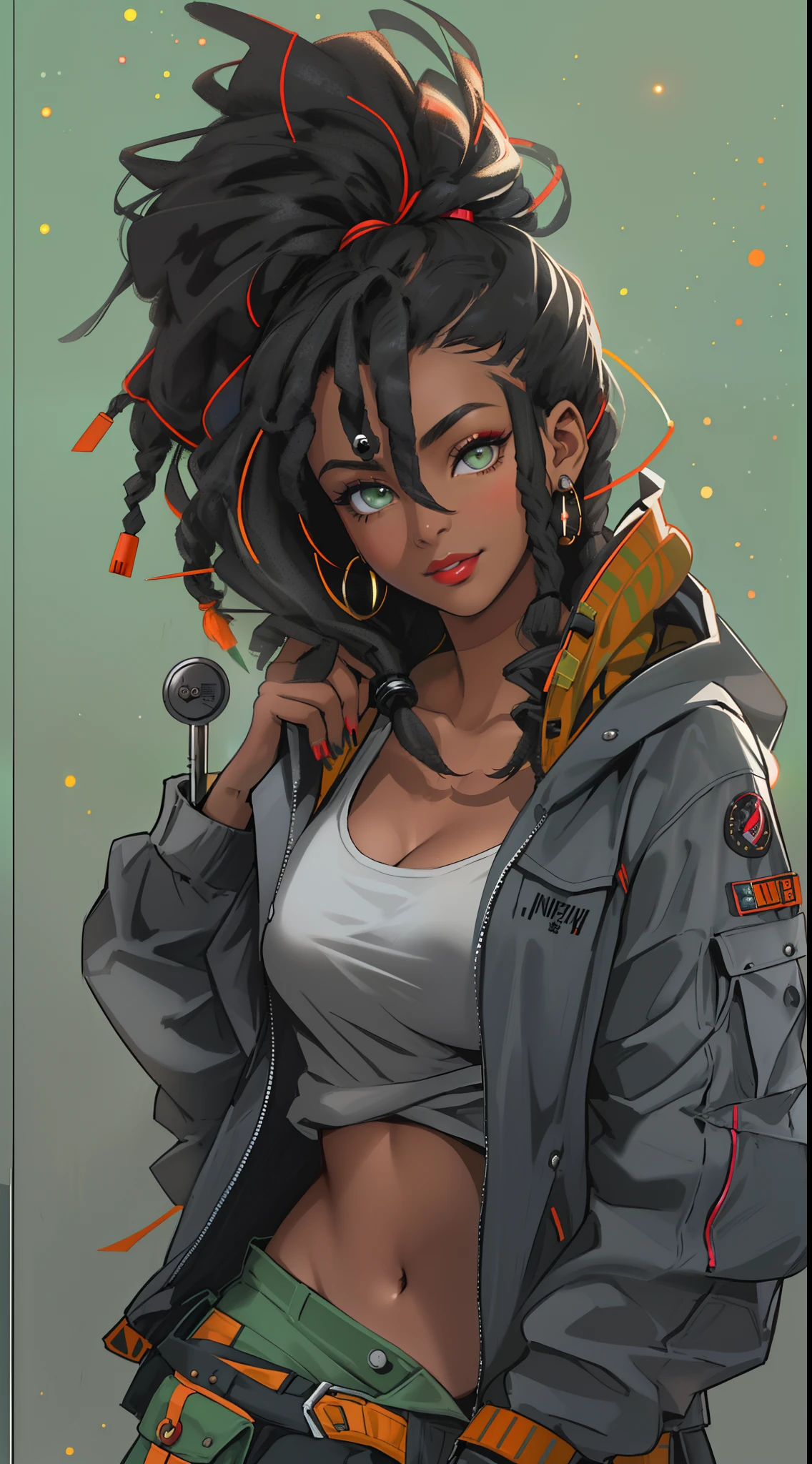 ((((A young woman))), the anime, ( Green eyes), (black hair), Nice face, ssmile, the perfect body, , (((morena))), big breastes, ((tmasterpiece, beste-Qualit)), illustartion, Ультра деталпазированная 8k, Photorealistic, sharp-focus, higly detailed, Professional lighting, Bright make-up, red-lips, Toenails and fingernails are varnished, (dark skin:1,2), Universal jacket, cargo pants, combat boots, indian, hoodie, short stature, (Afrocuria) outer space, a space ship, dark skin, Indian woman, Cosmic explosion, African hair, dreds, An overly curious person, screwdriver, An overly curious person, drill, Soldering iron