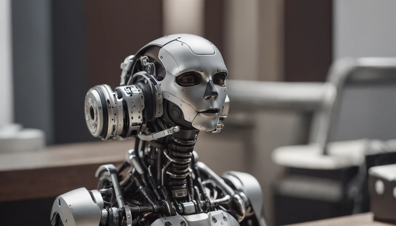 robot man, looking to the camera, with a face smiling, front face