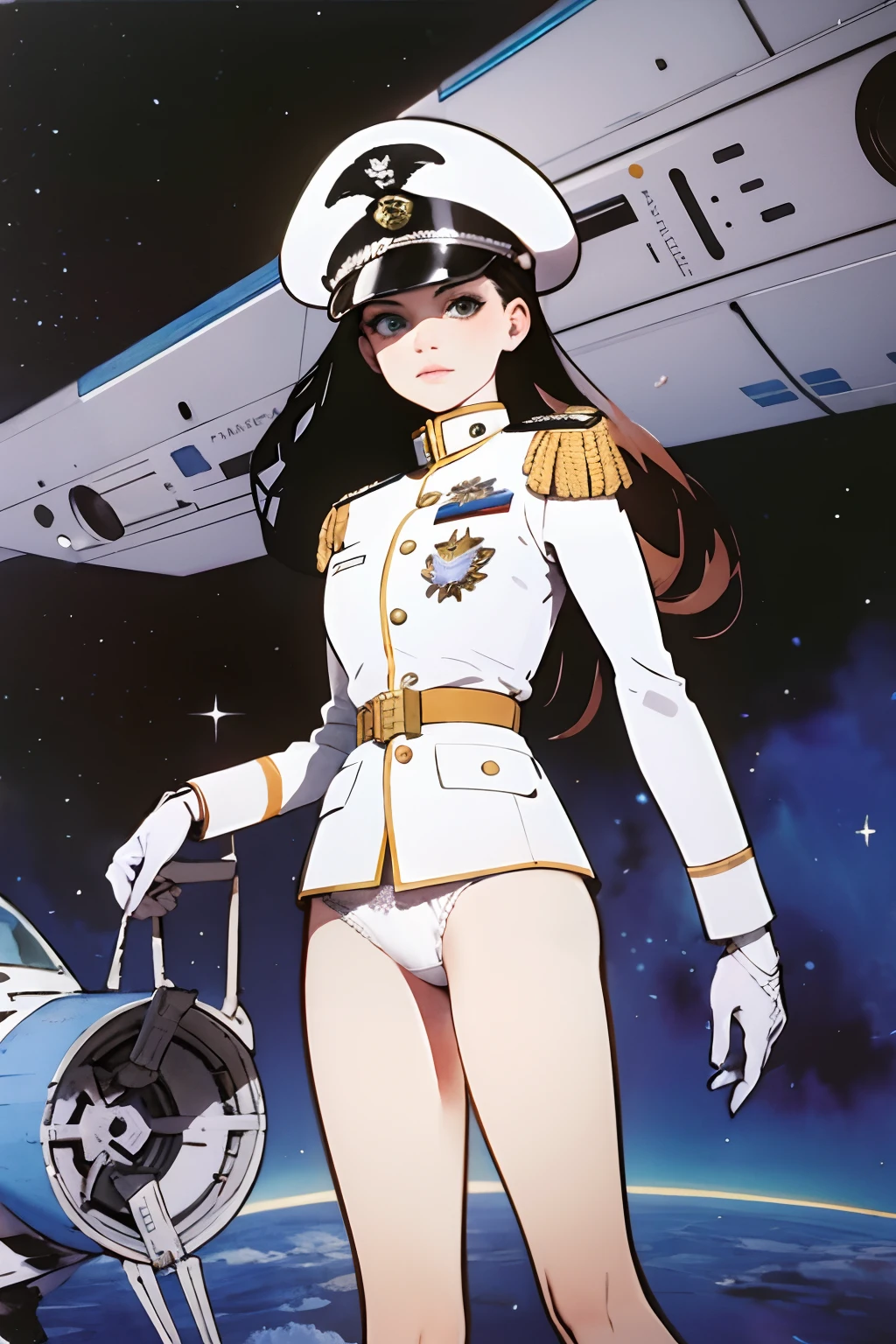 (masterpiece:1.2, best quality), 1girl, 17yo, (white panties), white space military outfit, military hat, space marine admiral, space, spaceship in backfround, futuristic, watercolor