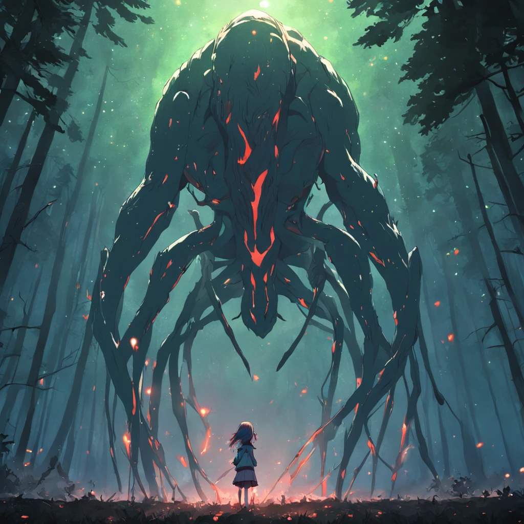 Bei Nacht, A girl stands in the middle of the forest and is kidnapped by a gigantic alien in the sky, Neonlichter, Objektiv-Burn (Objektiv-Burn), Chromatischer Freak, 8k resolution, Ultra-realistisch, Perfekte Beschattung