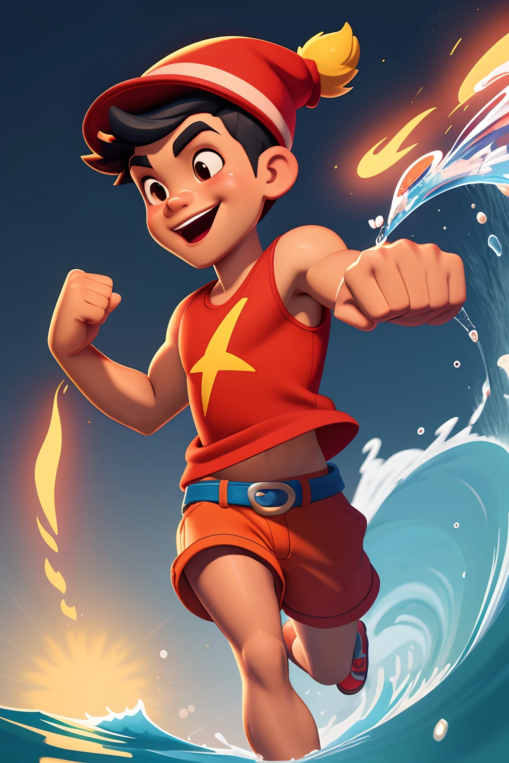 Cartoon illustration of a boy in a red hat and red shorts is running, Cartoon style illustration, in illustration style digital, personagem do folclore brasileiro, pele morena,Fists of water of fury, inspirado em Asaf Hanuka, arte dos desenhos animados, Awesome, digital character illustration, in cartoon style, stylized digital illustration, personagem de desenho animado, character illustration, a beautiful artwork illustration(alta qualidade) fundo luminoso