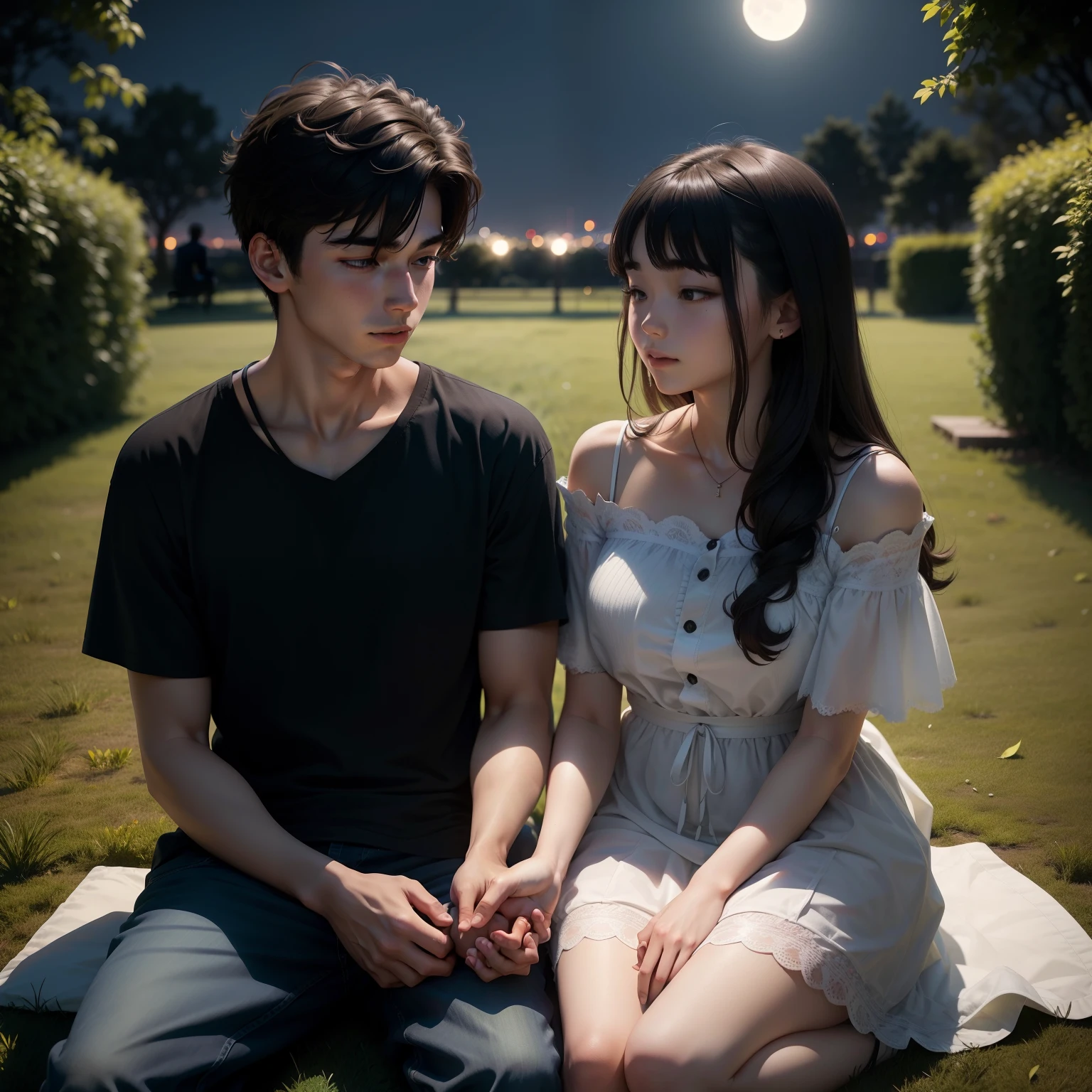 A 20-year-old boy and his girlfriend will sit together on grass under the open sky on a moonlit night and they will hold each other's hands.