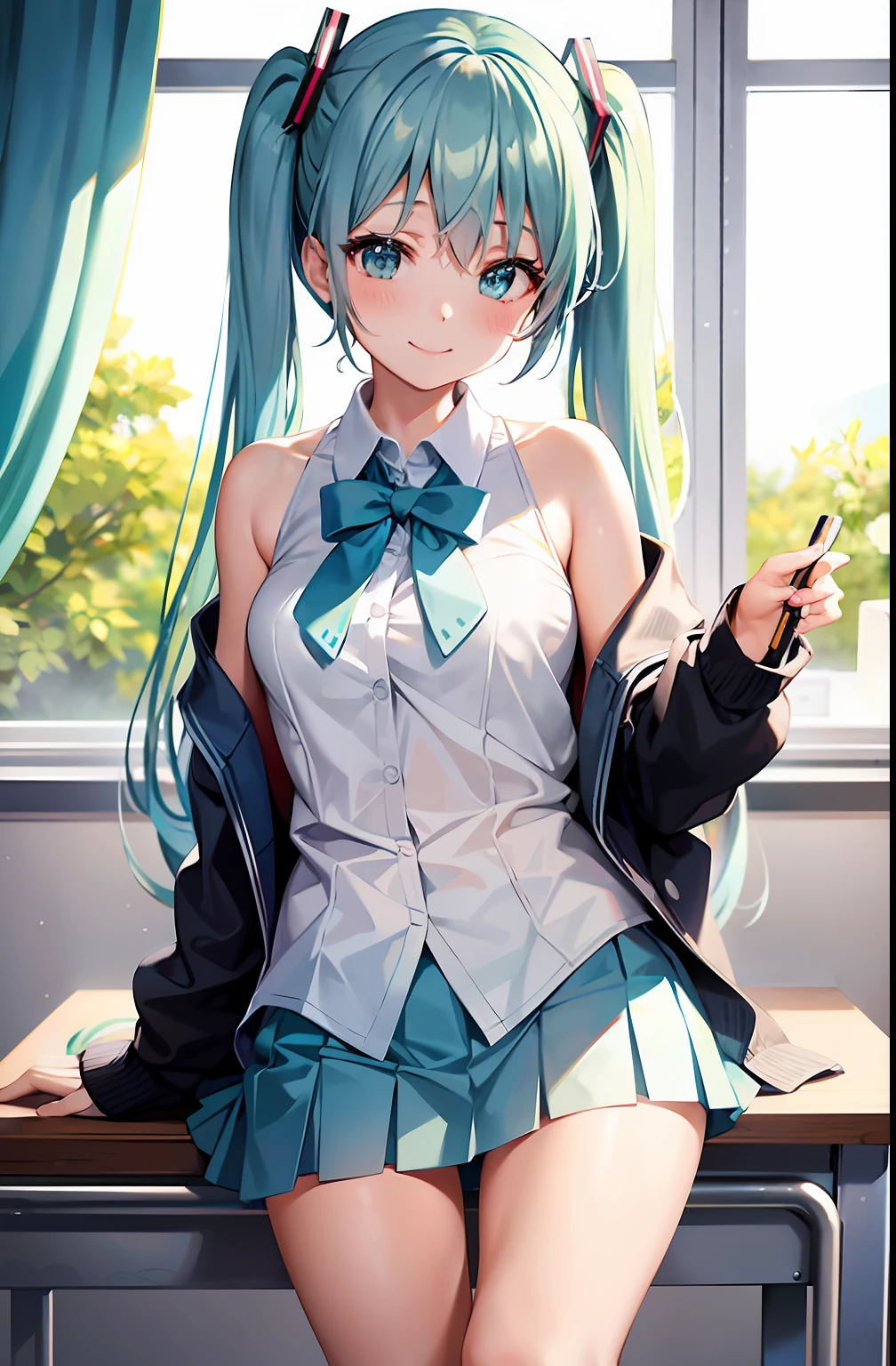 miku hatsune、blue hairs、Big、a smile、High school students、校服、lightly dressed、a miniskirt、white  panties、‎Classroom