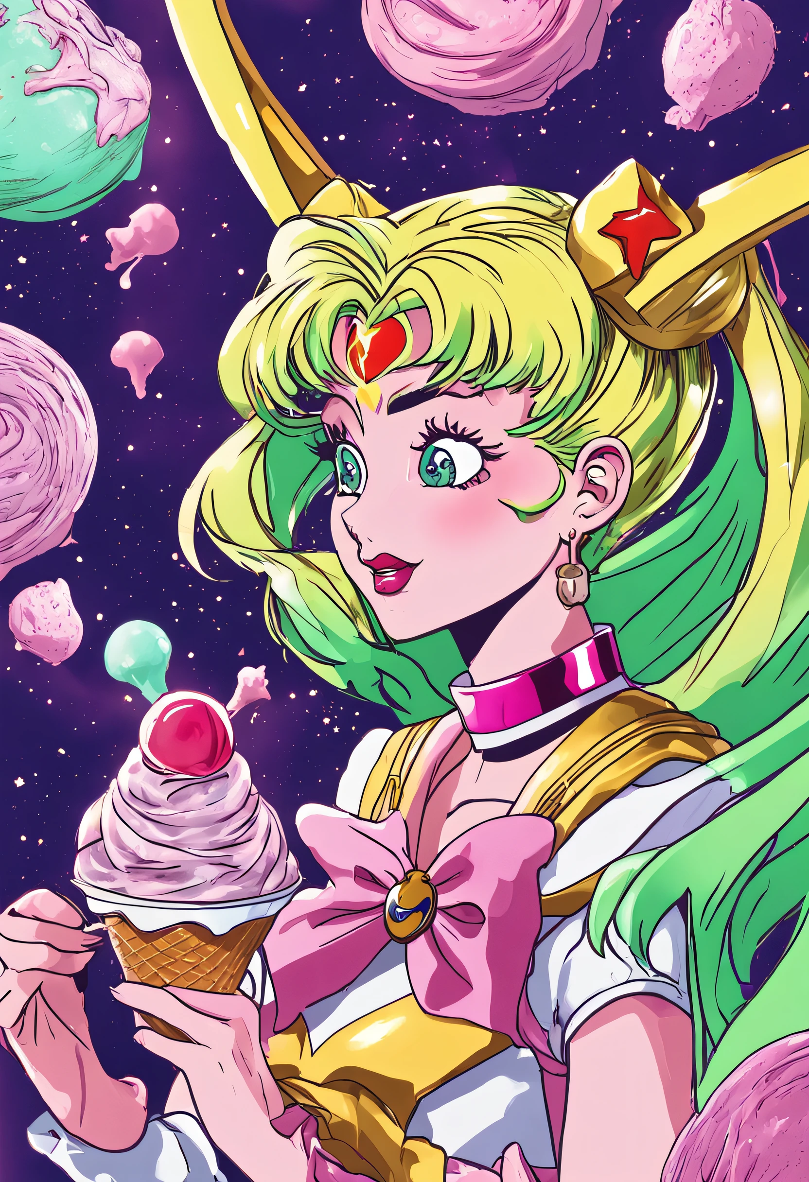 sailor moon eating ice cream on a planet with green and purple aliens