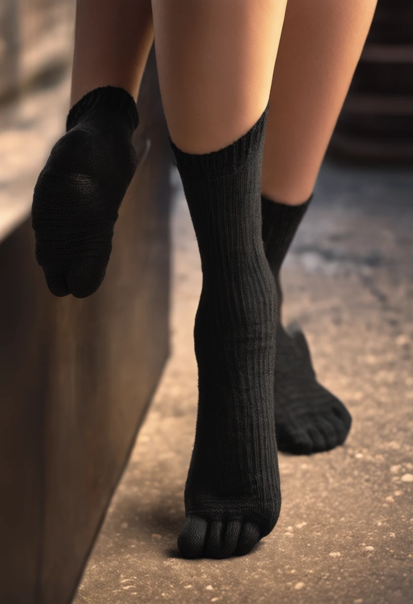 Portrait of the foot of a 25-year-old European girl wearing black socks, melhor qualidade, ultra high-resolution,(fotorrealista:1.4), (authentic skin texture:1.3), (No escuro, sombra profunda, discreto, luz fria,) noite, 1girl, 4k, fotografia, Ultra High Definition, ((alta qualidade)), Focus on the feet