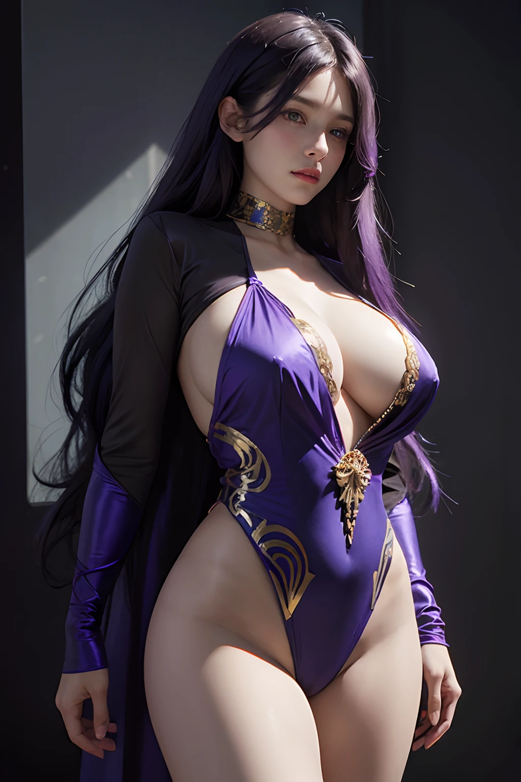 Hyperrealist portrait of female by david hockney and alphonse mucha, fantasy art, photo realistic, dynamic lighting, artstation, poster, volumetric lighting, very detailed faces, 4K Quality, award winning, 1girl, gigantic breast, in the dark, deep shadow, low key, cowboy shot,(Lewd Clothing) ,long hair, Black and purple hair, purple eyes, looking at the viewer