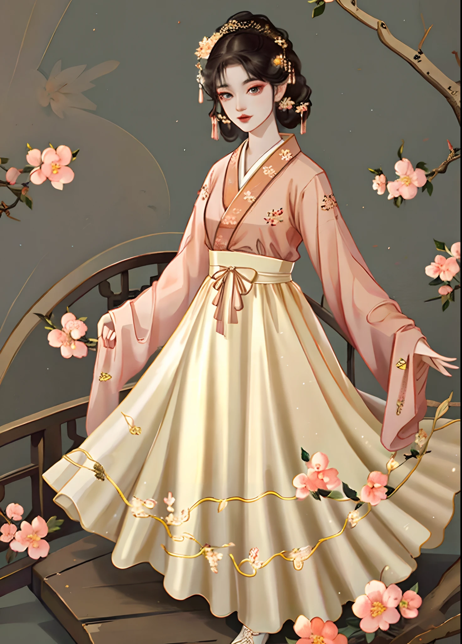 There was a girl in a dress, clubs，palaces，oriental architecture ray tracing，Realiy，Camera quality，（Carefully portray clothes），beautidful eyes，Very delicate light，Fine luminescence，Very detailed 8K CG wallpaper，Peach blossom eyes，Red pupils，An extremely delicate and beautiful girl，8k wallpaper，best qualtiy，close-up all over the body，a white long skirt，Hanfu